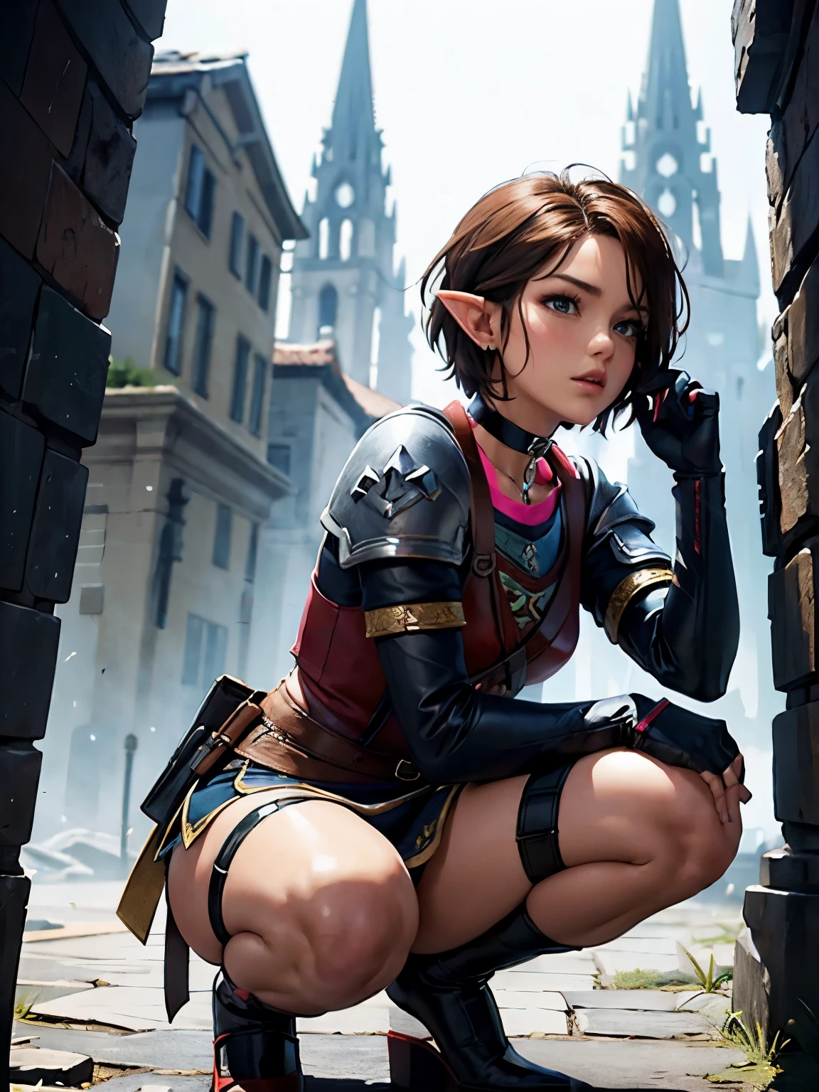 Link, The Legend of Zelda, Delicate Skin, Best Quality, Best Designer, Best Illustration, 1girl, Choker, Collar, Crouching, Crouching, Female, Gloves, Female Only, Short Hair, Thighs, Thick Thighs