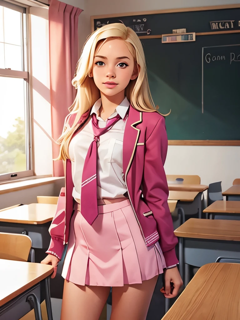 Cute teen blonde girl wearing revealing pink high-school uniform in classroom 