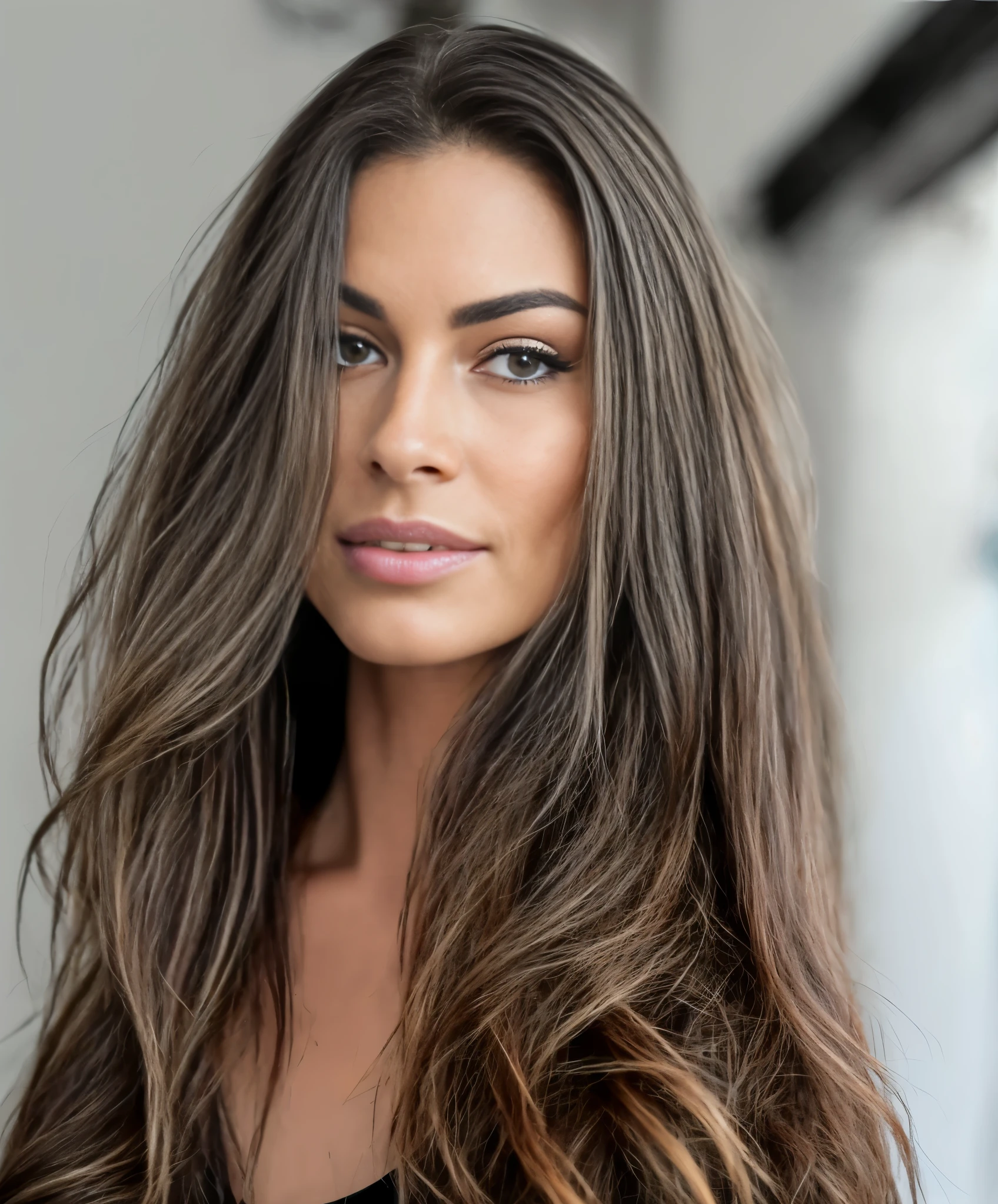 Close-up of a woman with long hair and a black dress with thin straps, brune aux cheveux teints en blond, Separating light brown hair, Alana Fletcher, Angelina Stroganova, hair light, julia sarde, Portrait de Sophie Mudd, Anastasia Ovchinnikova, photo d&#39;une belle femme, Julia Gorokhova, longs cheveux bruns, coiffure lisse, tatouage sur le haut du bras, tatouage au cou, (detailed hair, (cabelo Realistic), (chef-d&#39;artwork, best quality, high resolution: 1.4), 1 femme, Linda, texture des pores de la peau, cheveux blonds, disque dur, la photographie, Films, cinematic, Realistic, (8K, Photo brute, best quality, chef-d&#39;artwork: 1.2), (Realistic, Realistic: 1.33), best quality, detailed brown eyes, des yeux frappants, peut, natural lighting, Profondeur de champ, films, wrinkled skin, portrait net, detalhado e Realistic de uma mulher, (taches de rousseur:0,5) , look into the camera, chapped lips, Soft natural lighting, la photographie de retrato, photographie magique, Dramatic lighting, photographic realism, Ultra-detailed, Composition de portraits intimes, Leica 50mm | | | | | | | | | |, F1. 4
