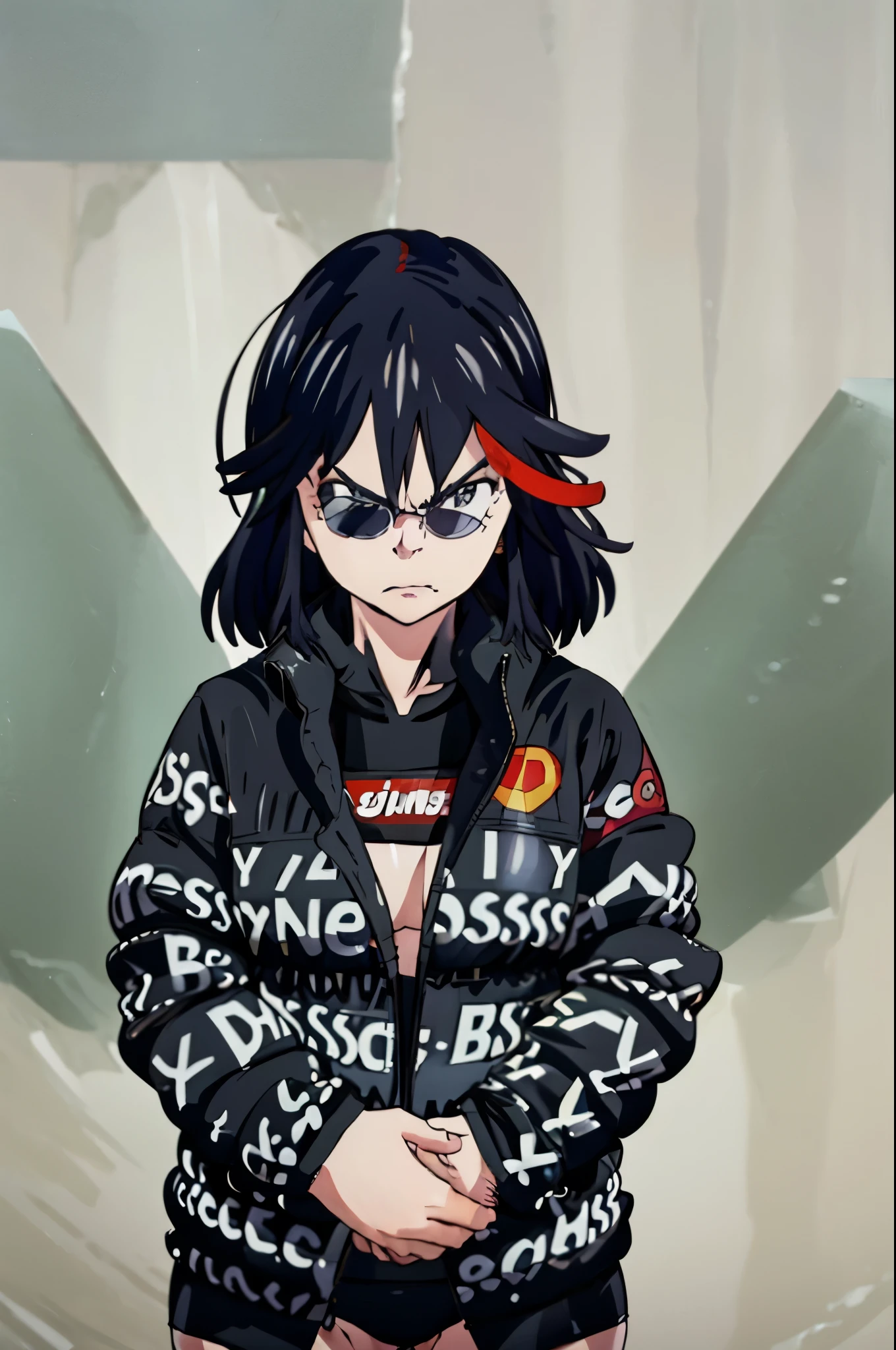 (best quality,ultra-detailed,realistic:1.37) fullframe , a very confidant badass arrogant cocky boss bitch attitude 1 solo ryuuko matoi, mouth closed wearing 
dripjacket
own hands together  leaning aginst a solid brick wall with  with a mean face with a bottle of whisky next to her incrsdealwithit sunglasses