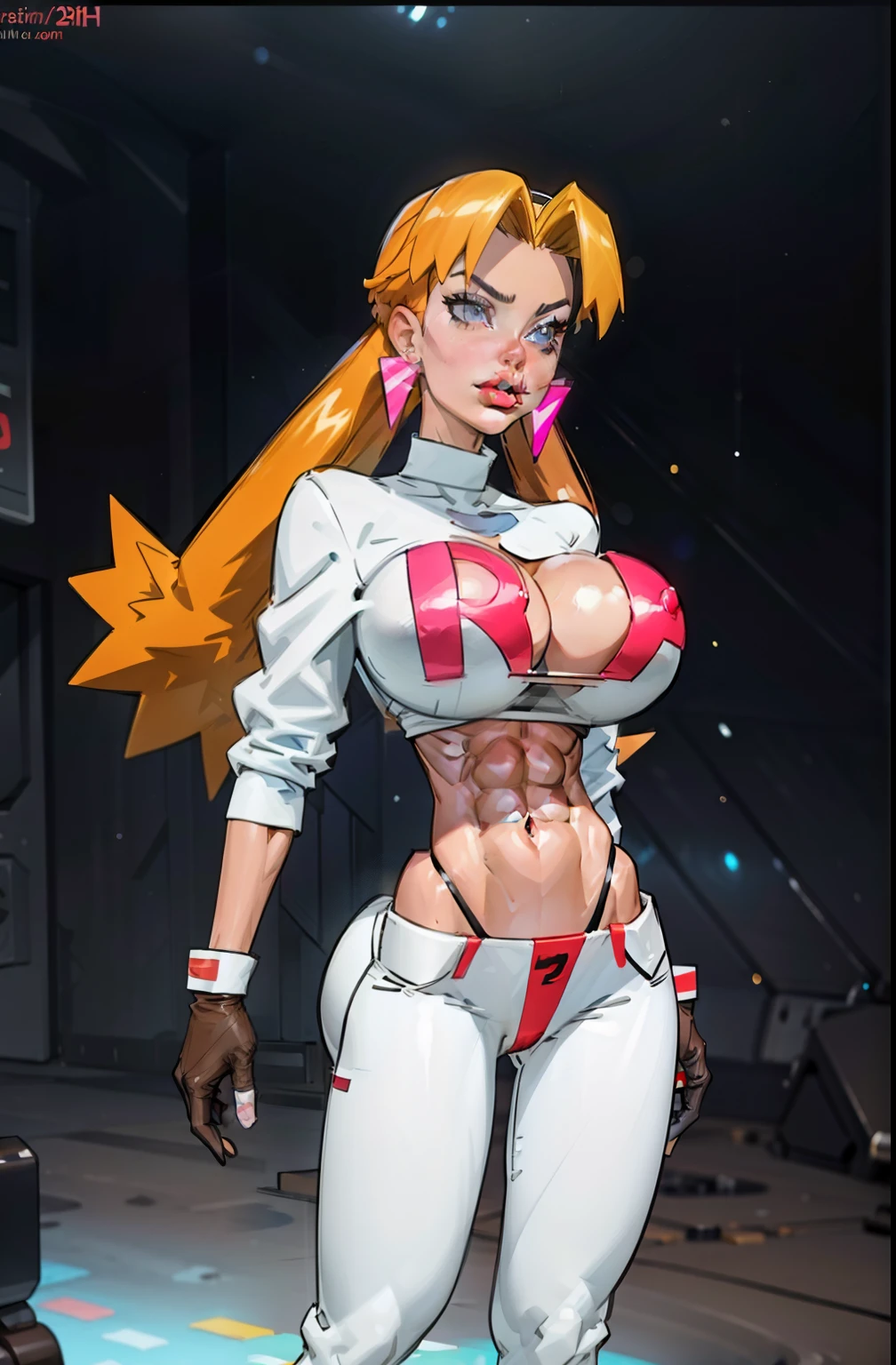 Cassidy aesthetic, blue gloves, high heels, (aletta ocean face), (puffy lips), FernFrieren, ((white pants)), blue thong, ((v cut abs, slendered abs)), very long hair, ((brown hair)), eyes, ( pupils), looking down, straight-on, expressionless, (detailed face), arms spread out, standing for battle, looking at viewer, (gigantic breasts:1.4), ultra detailed, masterpiece, best quality, aesthetic, detailed, hair, thick thighs, small feet,small waist