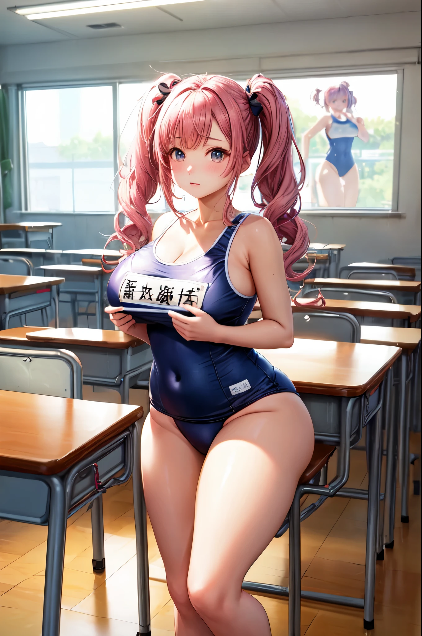 ((highest quality)), ((masterpiece)), (be familiar with), perfect face、Two dimensions、White school swimsuit、big breasts、Thick thighs、pink hair、school classroom、Erotic、twin tails、lonely look、8k
