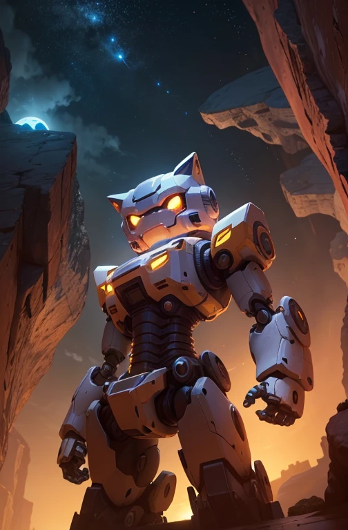 a cute mecha, happy robot cat, mecha, no humans, holding a canyon, night cty, from below