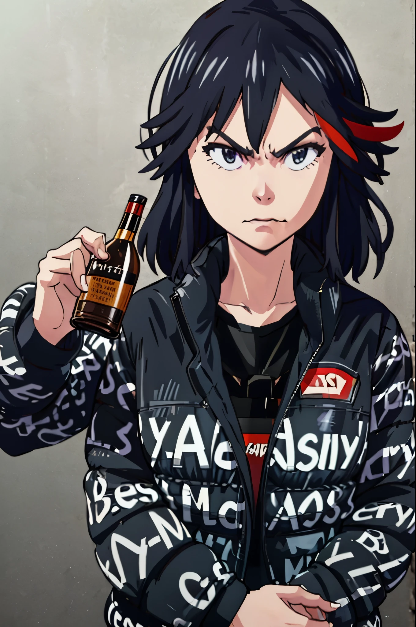 (best quality,ultra-detailed,realistic:1.37) fullframe , a very confidant badass arrogant cocky boss bitch attitude 1 solo ryuuko matoi, mouth closed wearing 
dripjacket
own hands together  leaning aginst a solid brick wall with  with a mean face with a bottle of whisky next to her 