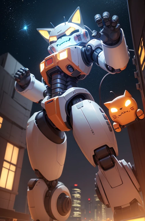 a cute mecha, happy robot cat, mecha, no humans, kung_fu pose, night cty, from below