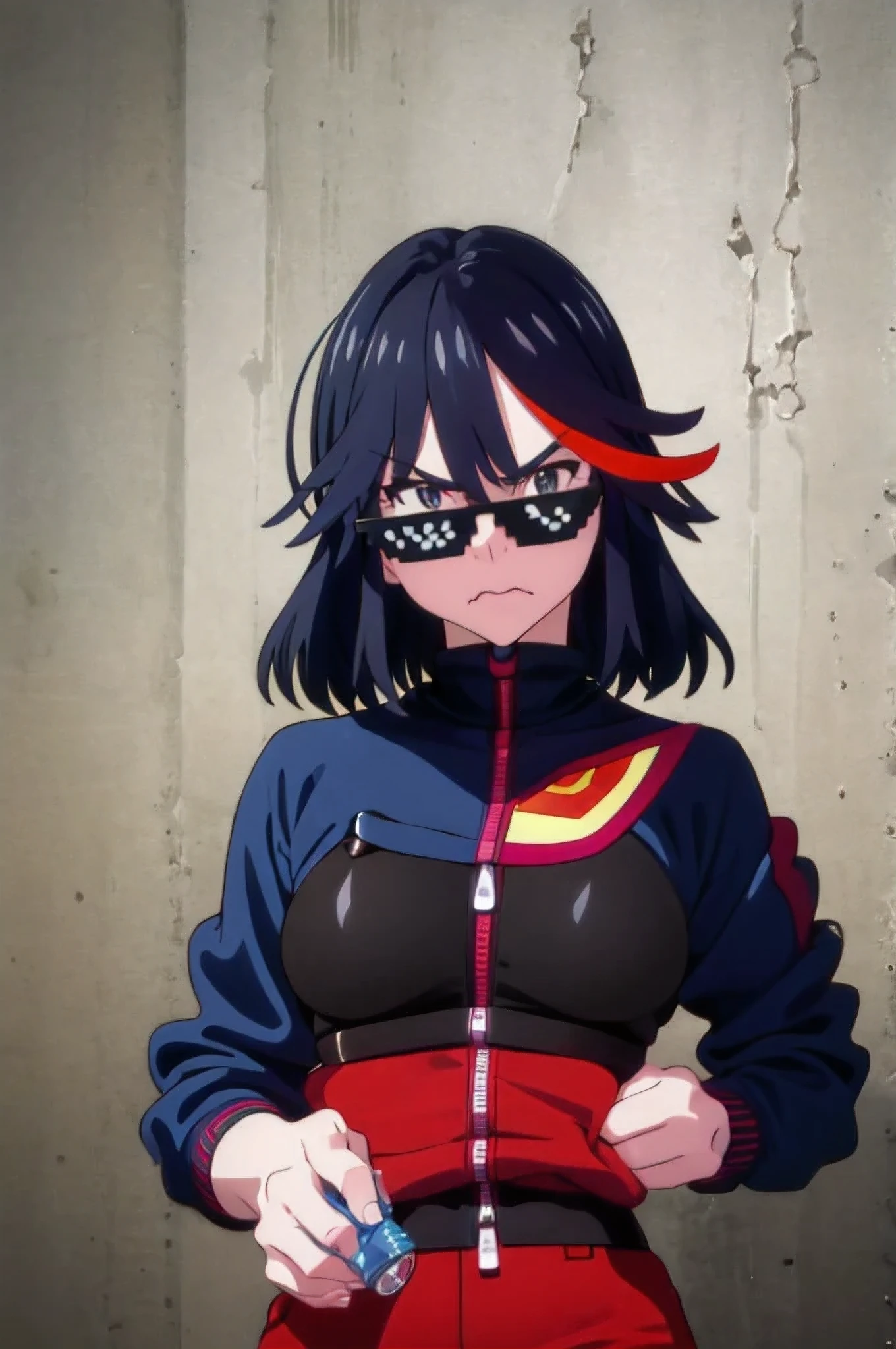 (best quality,ultra-detailed,realistic:1.37) fullframe , a very confidant badass arrogant cocky boss bitch attitude Hoshino 1 solo ryuuko matoi,  mouth closed wearing fully zipped creased slim adidenbroided  tracksuit leaning aginst a solid brick wall with both of her hands in her pants pockets with a mean face with a bottle of whisky next to her incrsdealwithit
sunglasses