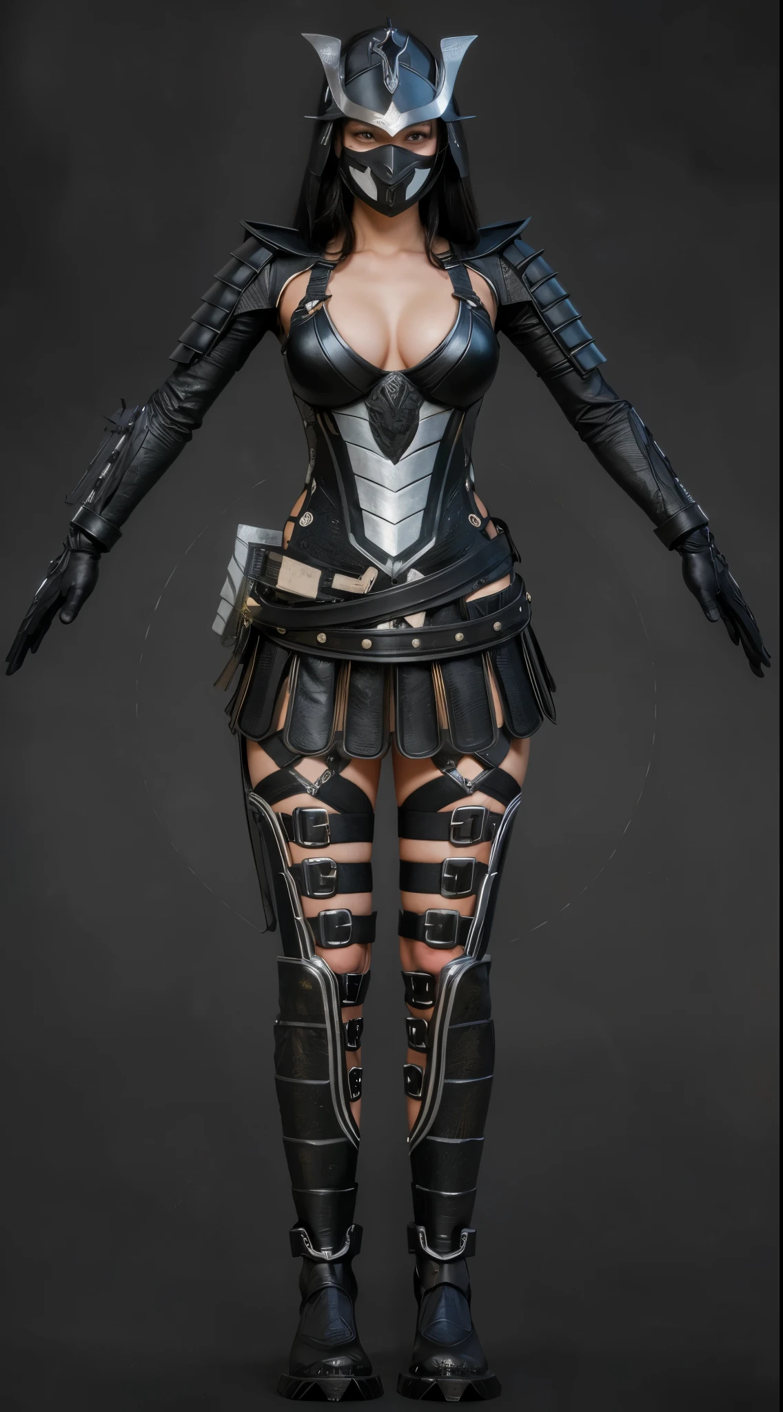 (masterpiece),(best quality:1.0),(ultra highres:1.0), sexy girl, detailed beautiful, asian face, samurai helmet, black metal armor ,metal mask, skinny, face focus, wallpaper 8k, full body