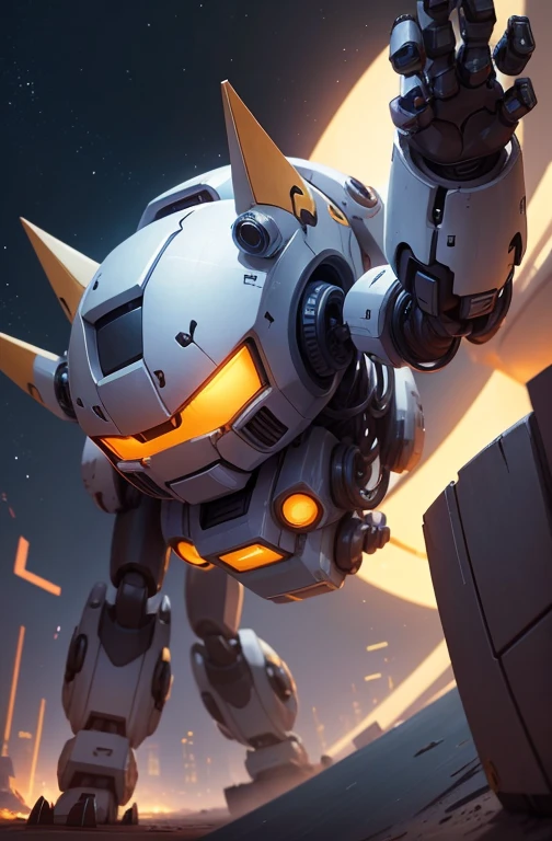 a cute mecha, happy robot cat, mecha, no humans, fighting pose, night cty, from below