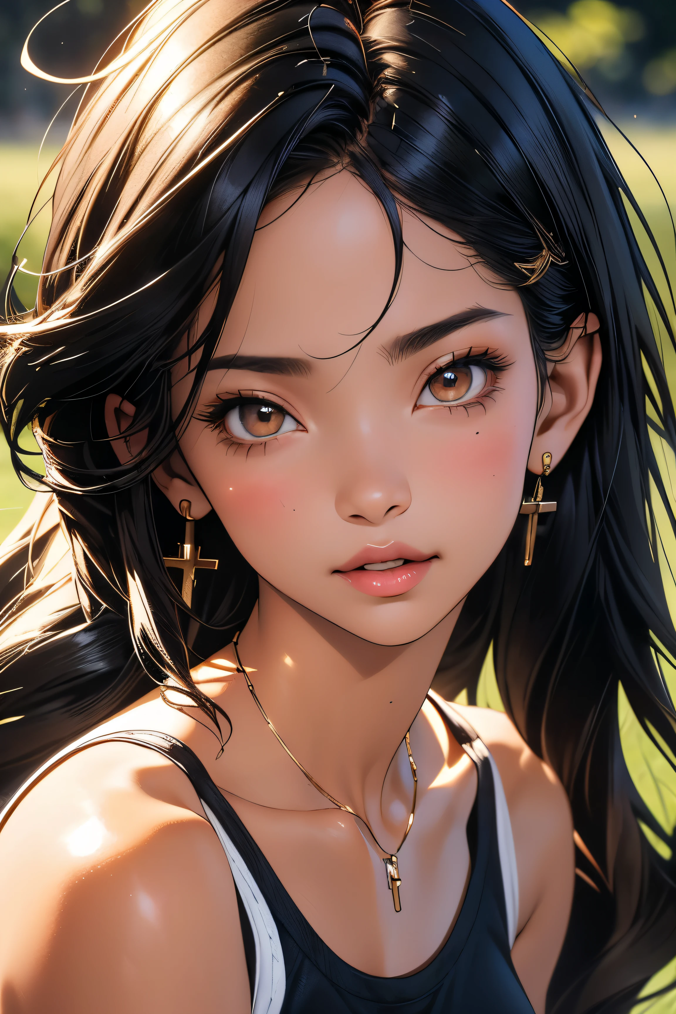 (best quality, 8k, 32k, masterpiece, UHD:1.2), highres, sharp focus, detailed outfit, absurdres, key visual,++++, beautiful detailed hair, delicate details, *****, (((closeup, portrait, RAW, pixiv)))
Black haired girl, jogging, wearing sport bra, wearing sport short, around a field, multiple earrings in ear, parted lips, navel, cowboy shot, ((action shot))