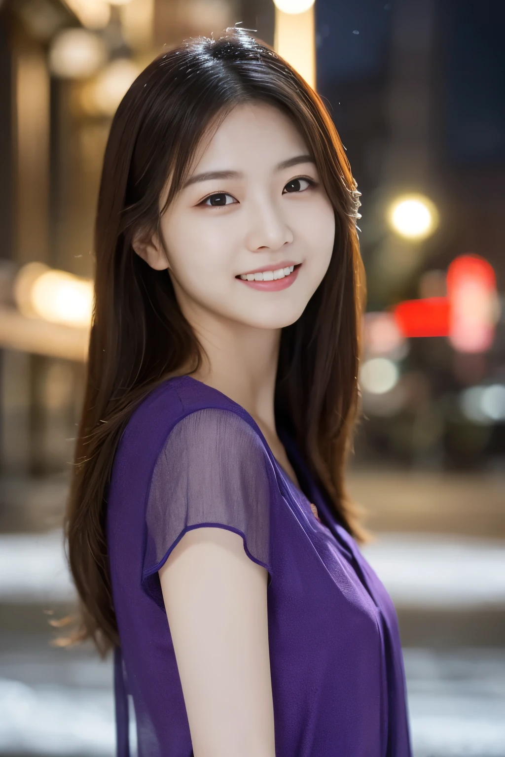 1 girl, (Wearing a purple blouse:1.2), beautiful japanese actress,
(RAW photo, highest quality), (realistic, Photoreal:1.4), masterpiece, 
very delicate and beautiful, very detailed, 2k wallpaper, wonderful, 
finely, very detailed CG Unity 8K 壁紙, Super detailed, High resolution, 
soft light, beautiful detailed girl, very detailed目と顔, beautifully detailed nose, beautiful and detailed eyes, cinematic lighting, 
break
(Against the backdrop of a snowy night cityscape 1.3), city lights, 
perfect anatomy, slender body, smile, Face the front completely, look at the camera