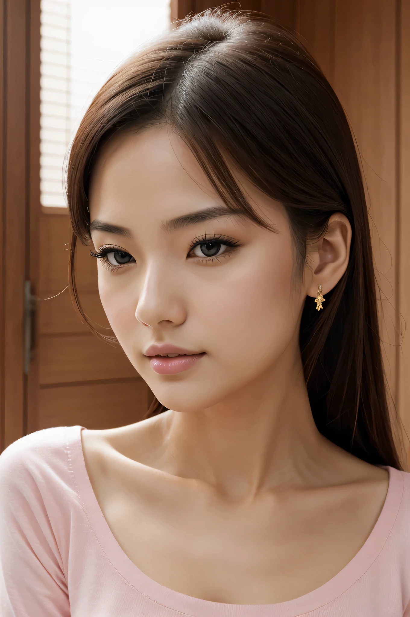 Beautiful woman with gentle and attractive Japan, half-body photo, delicate and sexy collarbone, attractive plump face, double eyelids, smart sagging eyes, pink lips, small upturned nose, small breasts, bare shoulders, concentrated face, face close-up, super high definition, very detailed and elegant appliqué cotton jersey sweatshirt is made from cotton jersey, It is characterized by a loose and languid silhouette.