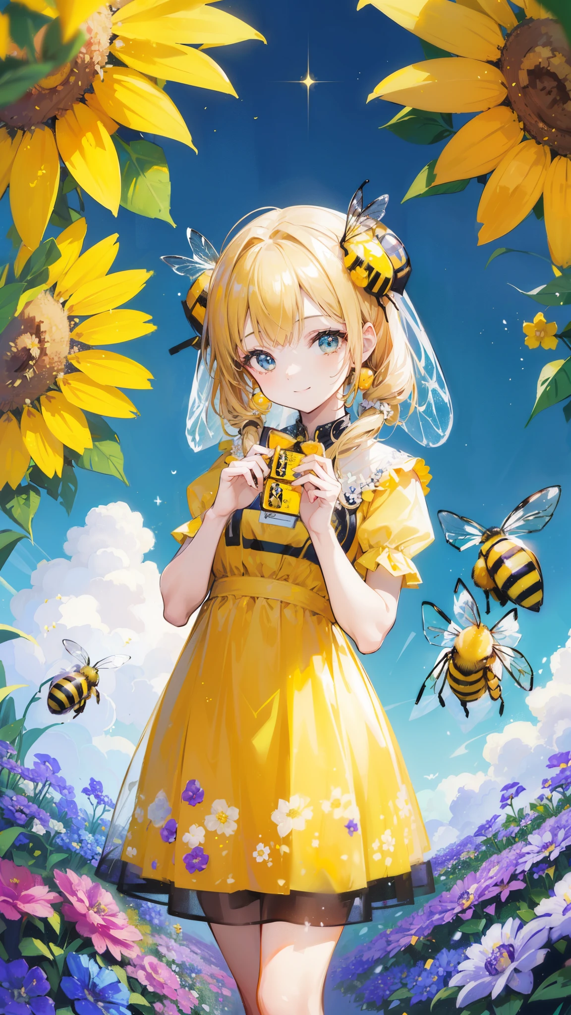(32k), (beautiful cute girl), (((bee))), (bee ornament), (((bee dress))), (((many bee))), (((background of many flowers
))), (beautiful world), (cute world), smile,