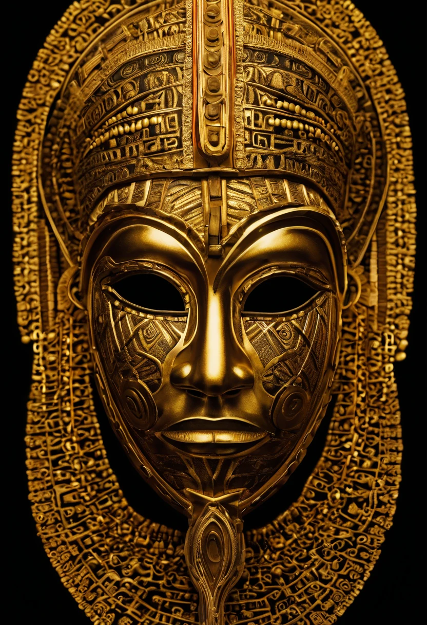 a closeup of a golden mask on a black background, Afrofuturismo, Afrofuturista, Mask of african god, african mask, rosto intrincado, tribal mask, Estilo Afrofuturista, dmt ego da morte, africano, detailed symmetrical face, intrincado rosto detalhado, Obunga, Assumiu o iPad, symmetical face, Enigmatic!!, intricate mask, dmt deus