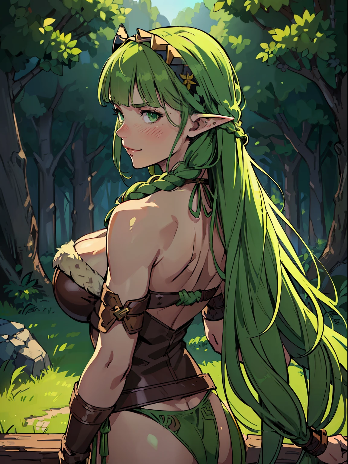 (masterpiece, Digital Art, Digital Illustration, 4K, 8K, Ultra-detailed, beautiful image, Sharp Image, Photorealistic, Raw photo, Perfect face, Perfect lines, Perfect eyes, Soft lighting), (((solo))), ultra detail, RPG, Dungeons&Dragons, medieval, fantasy, woman, determined, attractive, hero, elven druid, ((((green long hair, bangs, braid, green eyes, pointed ears)))), ((blush face, alluring smile)) ((((big breasts)))), (((tribal costume, tribal panties, green clothes, hair ornaments, head band, leaf ornaments, animal fur, leather belts, leather pouchs, straps, cleavage))), in a dark forest, night, (((((upper body, from behind))))), green face paint, ram horns, (((arms behind back)))