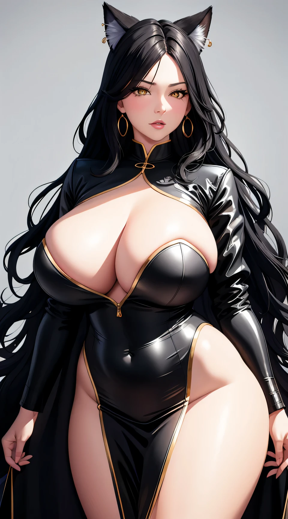 (best quality:1.5, highres, UHD, 4K, detailed lighting, shaders), black wavy hair, gradient hair, cat ears, large breasts,long coat, big butt, big thighs, mature woman , (pov), white background, colorful eyeshadow, dramatic lighting, sparkling eyes, sensual expression, golden earrings, flowing hair, delicate facial features, soft skin, high cheekbones, urban setting, white background,