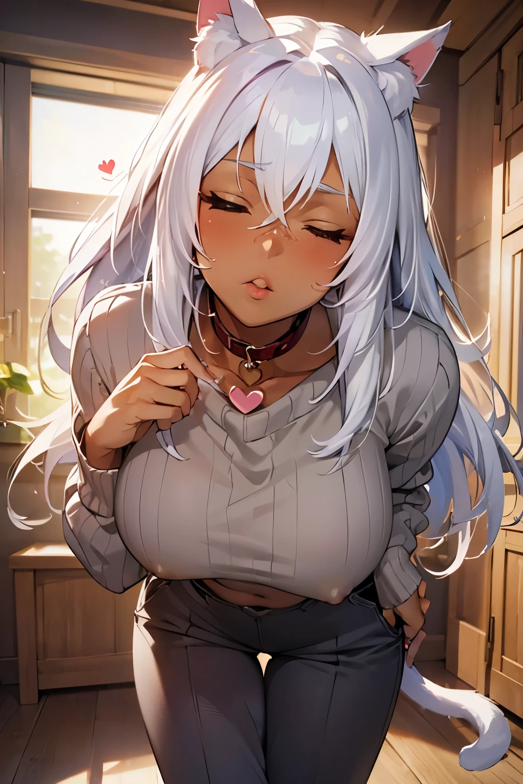 (((SHARP detail perfect face))), big breasts, (nice hips), detailed skin, ((masterpiece)), best quality, (SHARP details), 4k, ((female gladiator)), ((dark skin)), (cat ears), (cat tail), ((platinum hair)), (slave collar), amber eyes, standing, long hair, tomboy, (mature woman), (facing viewer), ((wearing sweater)), ((spoken heart)), (pants), (puckered lips), (leaning towards viewer), bent forward, ((asking viewer for a kiss)), ((close up)), looking upward, facing viewer, closed eyes, indoors,