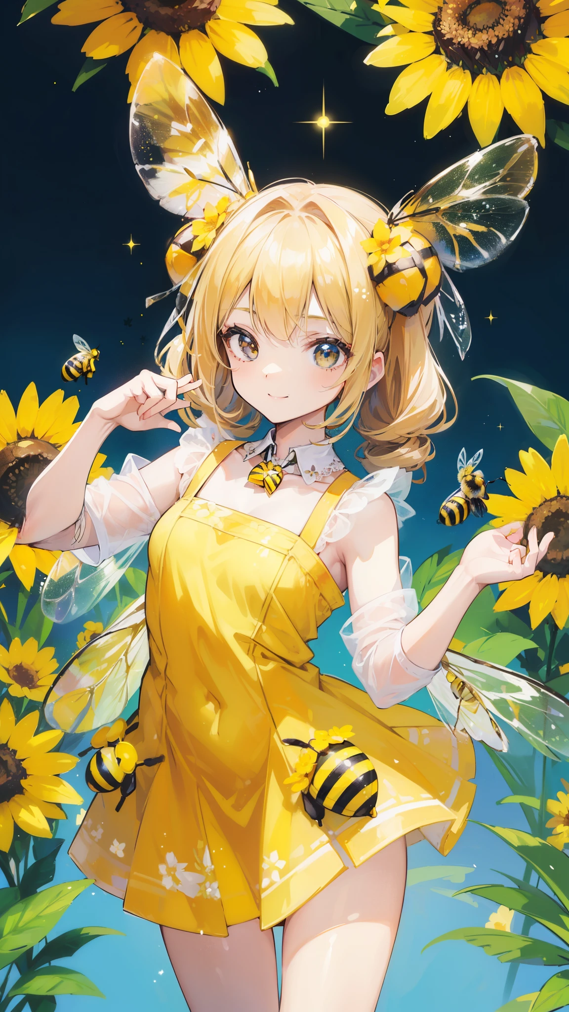 (32k), (beautiful cute girl), (((bee))), (bee ornament), (((bee dress))), (((many bee))), (((background of many flowers
))), (beautiful world), (cute world), smile,