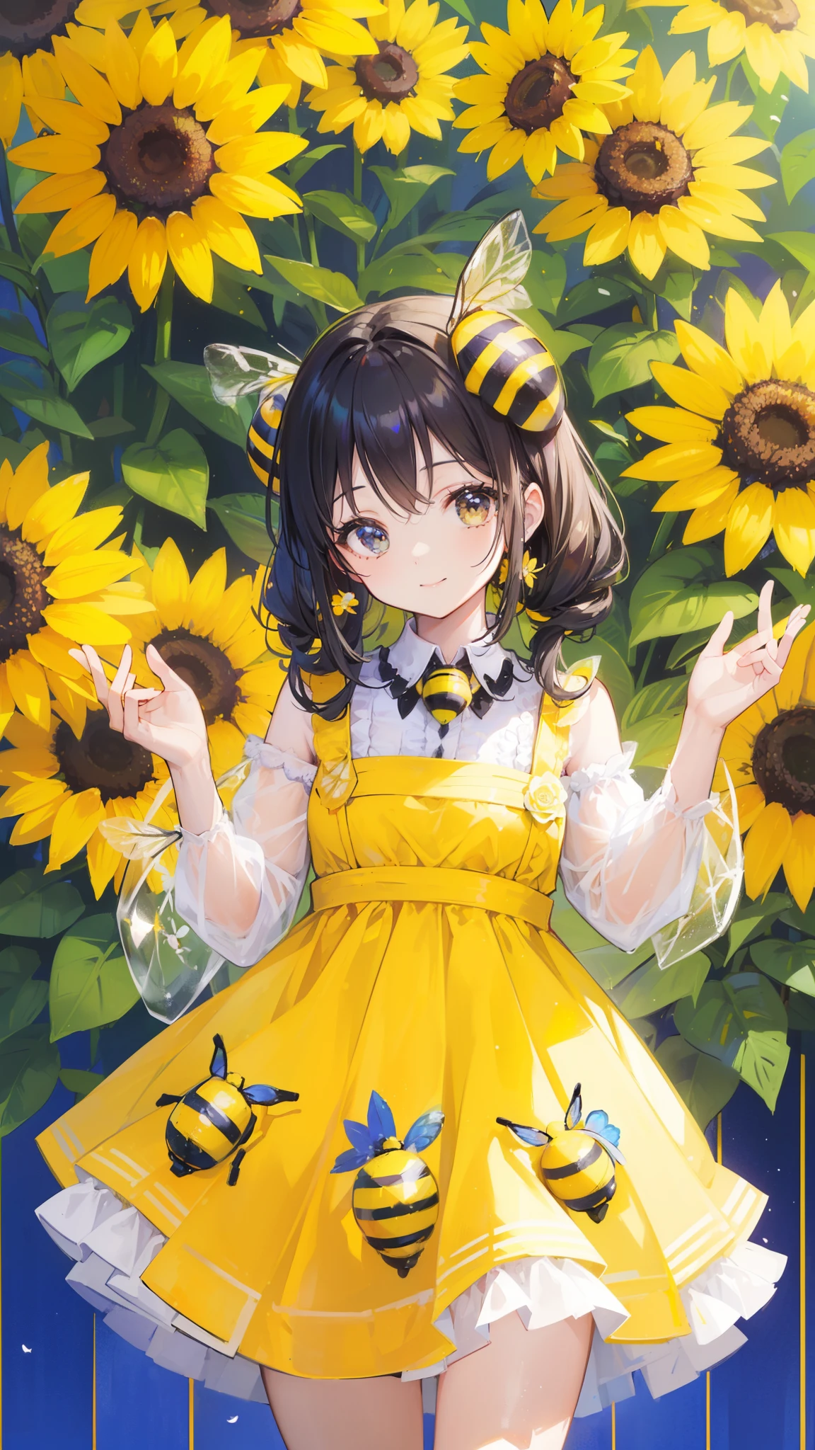(32k), (beautiful cute girl), (((bee))), (bee ornament), (((bee dress))), (((many bee))), (((background of many flowers
))), (beautiful world), (cute world), smile,