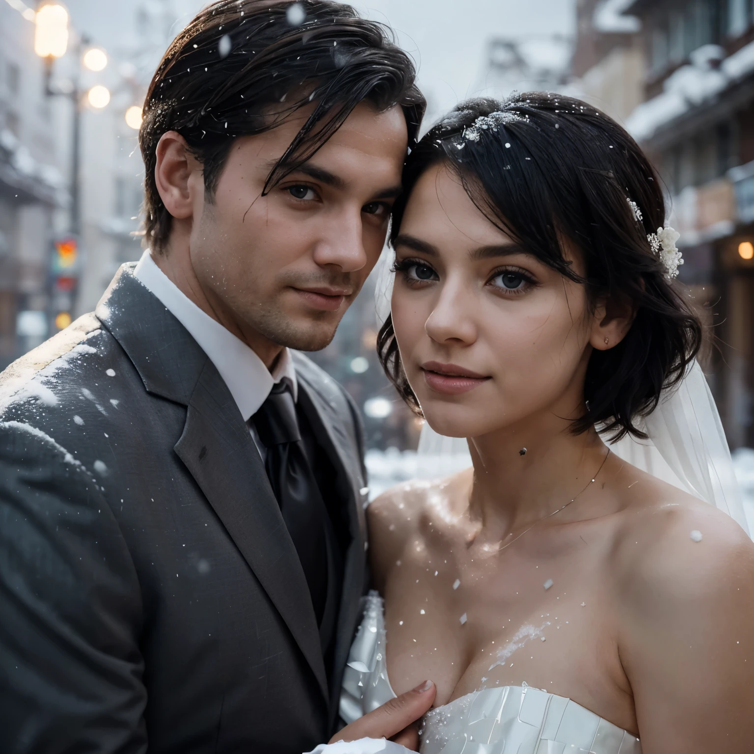 double exposure, wedding portrait of a man and a woman, a man with short black hair, a woman with shoulder-length blond hair, they are happy, against the backdrop of snowfall, looking at the camera, luminism, complexity, volumetric light, 4k art concept, unrealistic engine, global illumination , detailed environment
