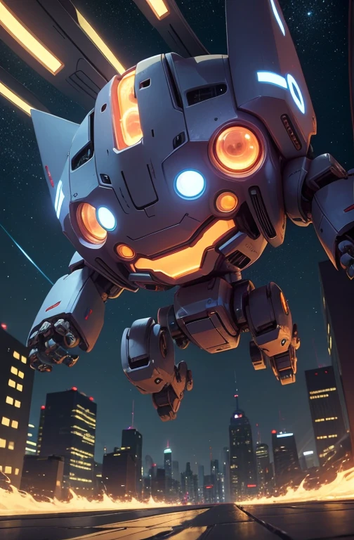 a cute mecha, happy robot cat, mecha, no humans, running fast among skycrapers, night cty, from below