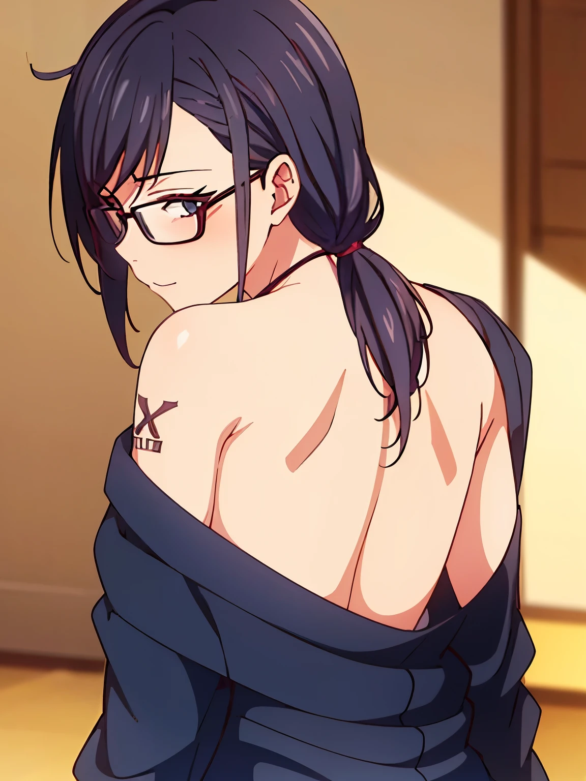 1 milf, ponytail hair, wearing glasses, wearing backless clothes, tattoo of the letter W on her back,facing back 