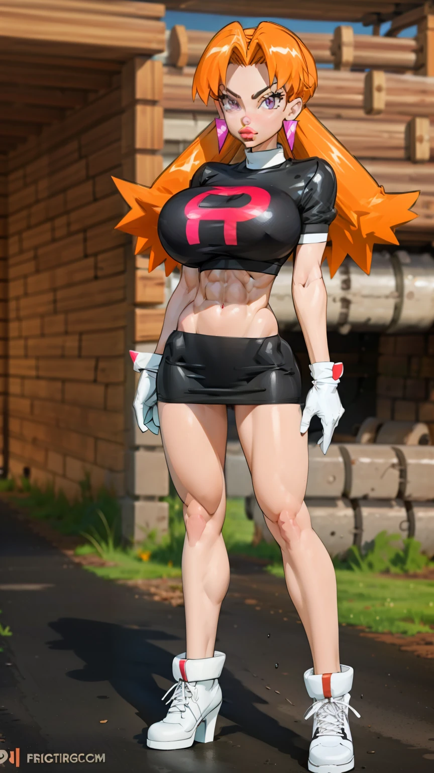 Cassidy aesthetic, white gloves, high heels,  (aletta ocean face), (puffy lips), FernFrieren, ((black skirt)), thong under skirt, ((v cut abs, slendered abs)), very long hair, ((orange hair)), eyes, ( pupils), (black top), giant letter R on top, looking down, ((black team rocket uniform)), straight-on, expressionless, (detailed face), arms spread out, standing for battle, looking at viewer, (gigantic breasts:1.4), ultra detailed, masterpiece, best quality, aesthetic, detailed, hair, thick thighs, small feet,small waist