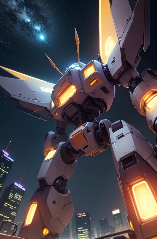 a cute mecha, happy robot cat, mecha, no humans, running fast among skycrapers, night cty, from below
