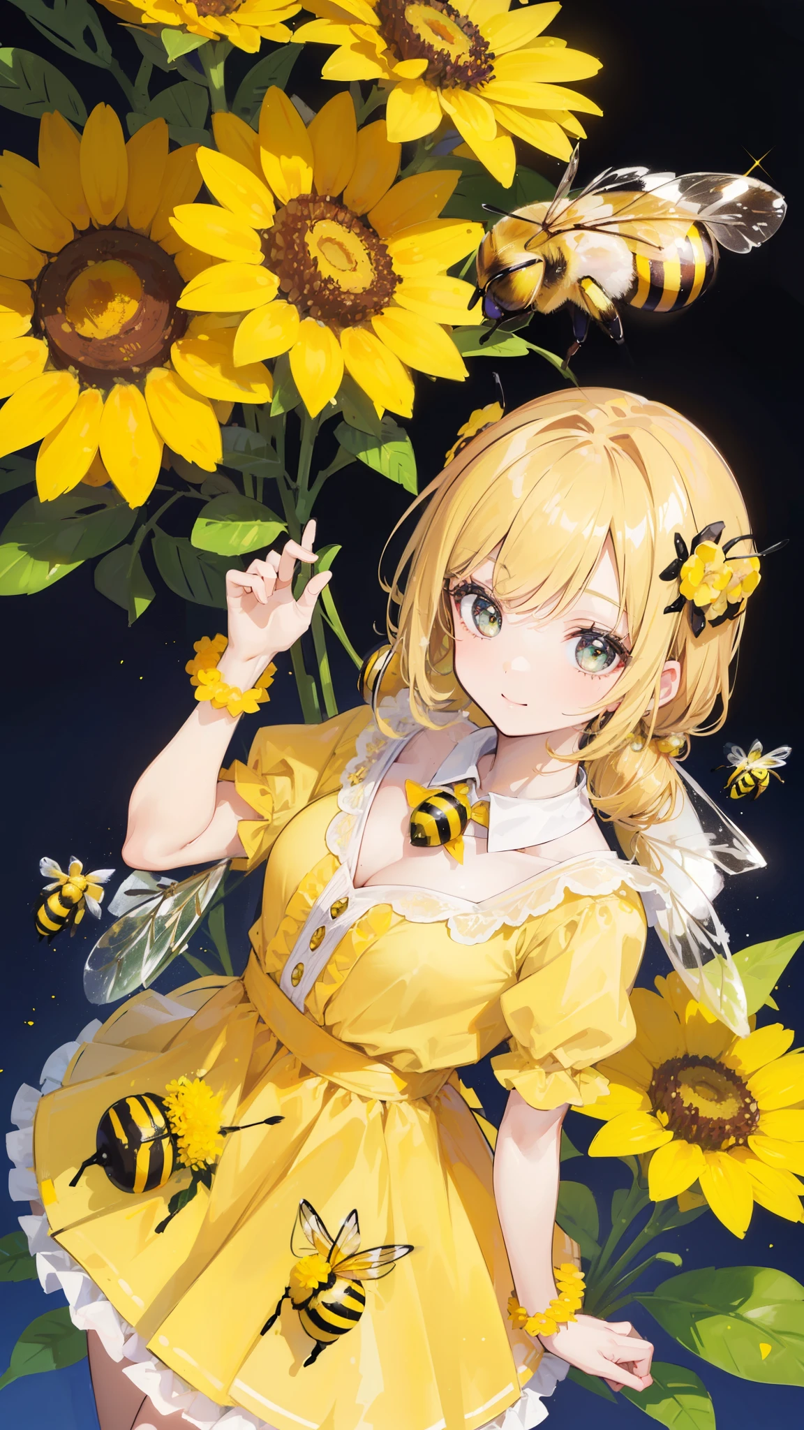 (32k), (beautiful cute girl), (((bee))), (bee ornament), (((bee dress))), (((many bee))), (((background of many flowers
))), (beautiful world), (cute world), smile,