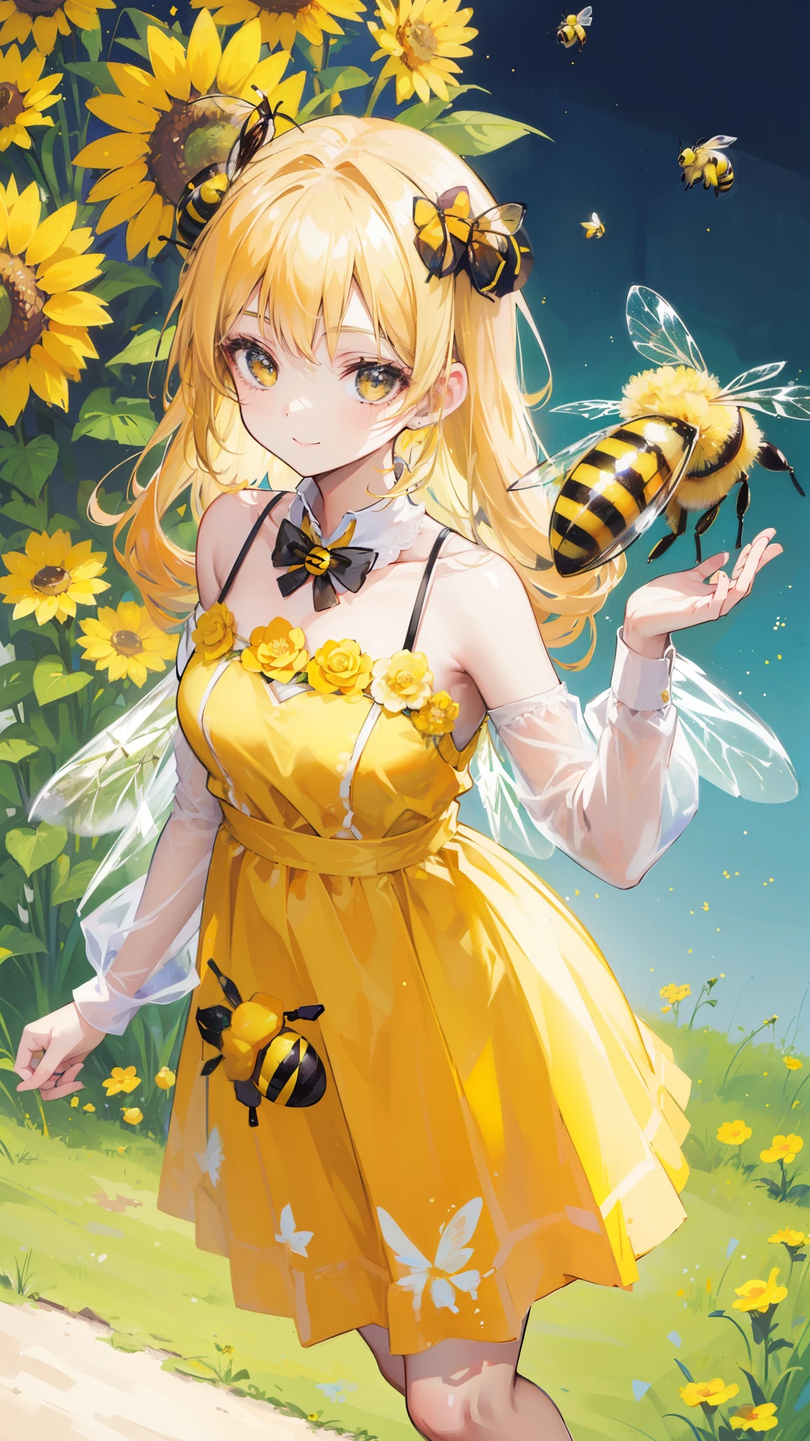 (32k), (beautiful cute girl), (((bee))), (bee ornament), (((bee dress))), (((many bee))), (((background of many flowers
))), (beautiful world), (cute world), smile, 