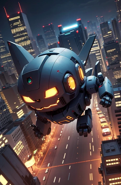 a cute mecha, happy robot cat, mecha, no humans, running fast among skycrapers, night cty, from above