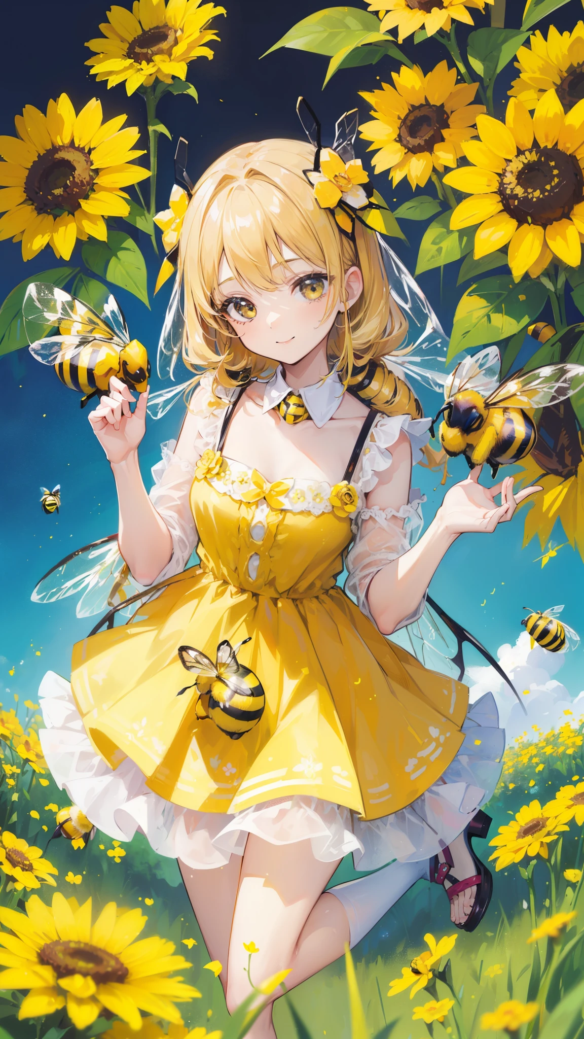 (32k), (beautiful cute girl), (((bee))), (bee ornament), (((bee dress))), (((many bee))), (((background of many flowers
))), (beautiful world), (cute world), smile, 