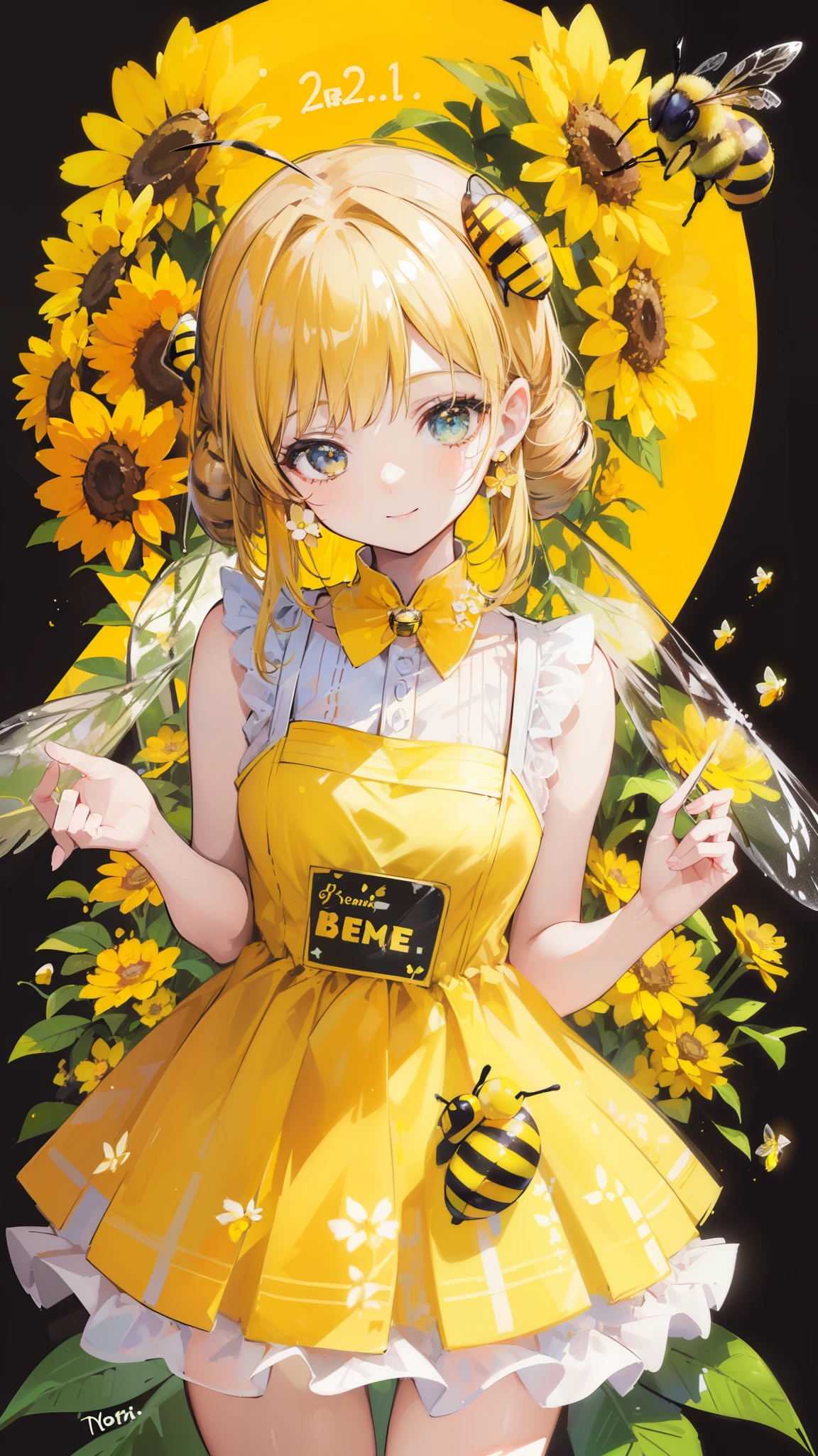 (32k), (beautiful cute girl), (((bee))), (bee ornament), (((bee dress))), (((many bee))), (((background of many flowers
))), (beautiful world), (cute world), smile,