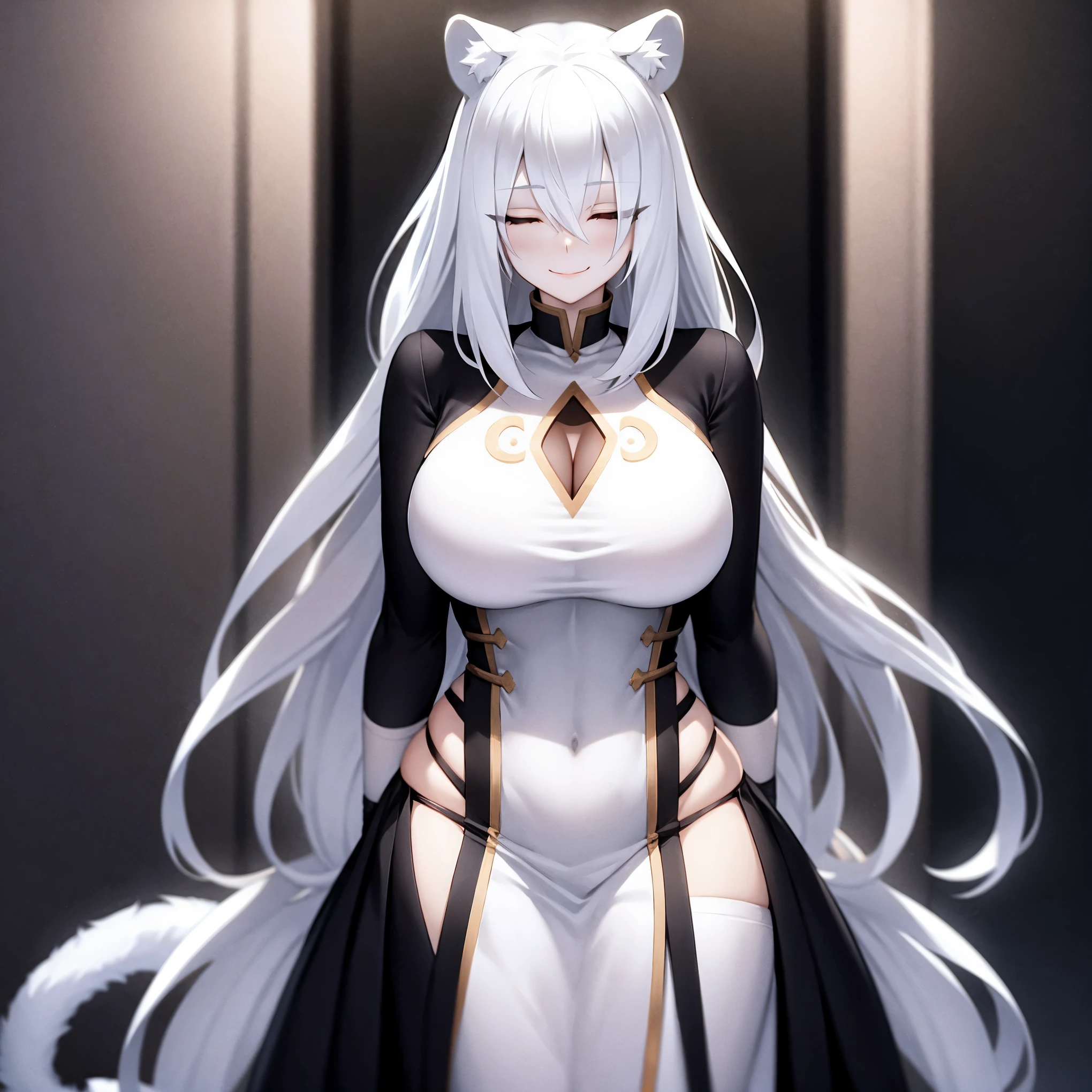 Dou colored hair, White hair Strands, Black Hair Strands, half-closed eyes, blind, White tiger ears, White Tiger tail, huge chest, long hair, cute, female, 4k, young, alone, dark aura, evil smile, Atla Fayon, revealing outfit, solo female