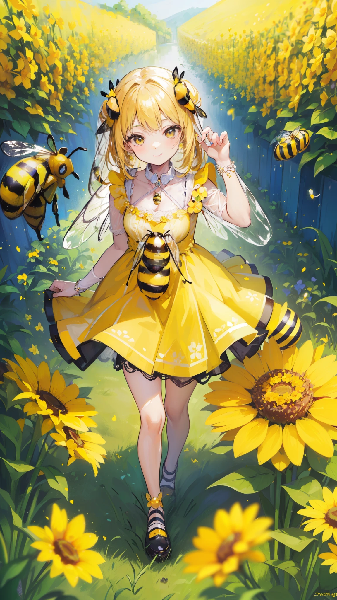(32k), (beautiful cute girl), (((bee))), (bee ornament), (((bee dress))), (((many bee))), (((background of many flowers
))), (beautiful world), (cute world), smile, 