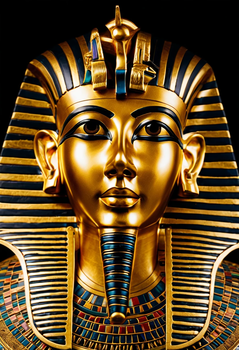a closeup of a golden mask on a black background, egyptian, egyptianrista, Mask of egypt god, egyptian mask, rosto intrincado, tribal mask, Estilo egyptianrista, dmt ego da morte, egyptian, detailed symmetrical face, intrincado rosto detalhado, حورس,سيت  o iPad, symmetical face, Enigmatic!!, intricate mask, dmt deus
