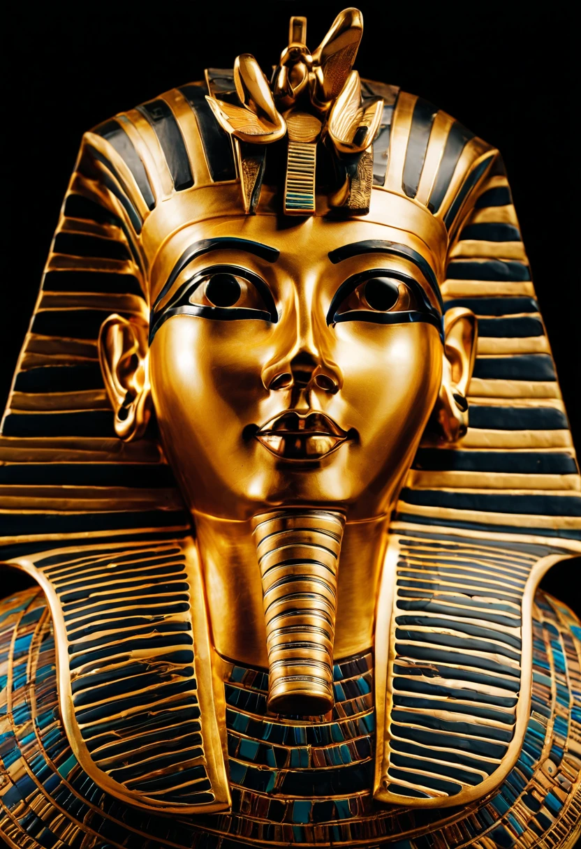 a closeup of a golden mask on a black background, egyptian, egyptianrista, Mask of egypt god, egyptian mask, rosto intrincado, tribal mask, Estilo egyptianrista, dmt ego da morte, egyptian, detailed symmetrical face, intrincado rosto detalhado, حورس,سيت  o iPad, symmetical face, Enigmatic!!, intricate mask, dmt deus