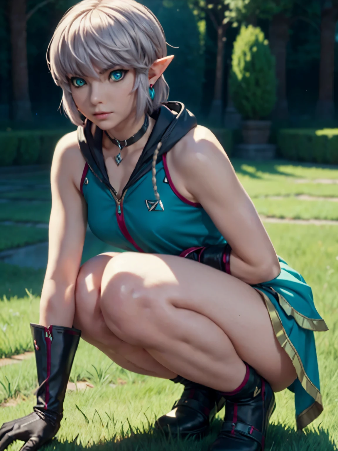 Link, The Legend of Zelda, Delicate Skin, Best Quality, Best Designer, Best Illustration, 1girl, Choker, Collar, Crouching, Crouching, Female, Gloves, Female Only, Short Hair, Thighs, Thick Thighs