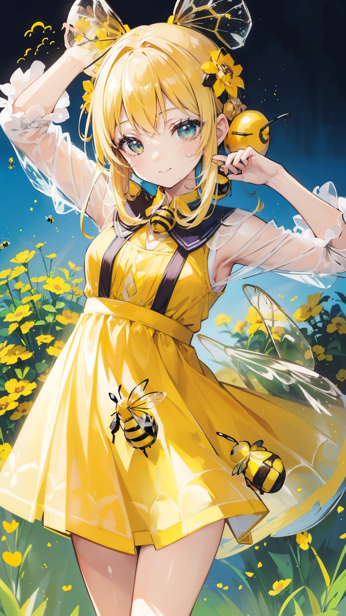 (32k), (beautiful cute girl), (((bee))), (bee ornament), (((bee dress))), (((many bee))), (((background of many flowers
))), (beautiful world), (cute world), smile,
