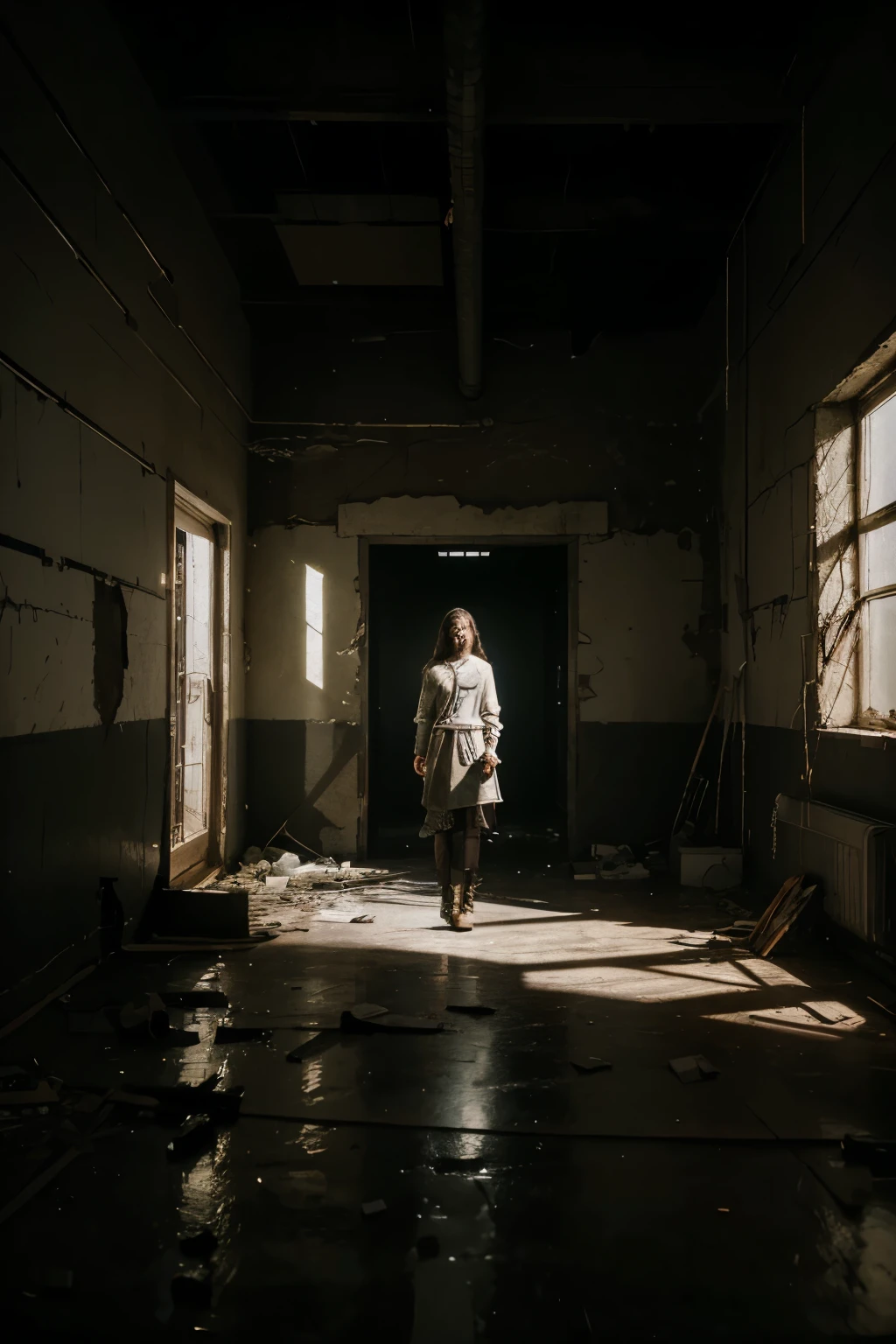 The painting captures a desolate landscape, perhaps a dimly lit room or an abandoned industrial space, symbolizing the internal turmoil described in the lyrics. Shadows dominate the scene, adding to the sense of isolation and despair.
In the foreground, a figure is depicted, chained and burdened by the weight of their past, their posture conveying a sense of defeat and exhaustion. Memories are represented by ghostly daggers piercing the figure's silhouette, illustrating the haunting nature of the past.
A central element of the painting is a wall, towering ominously in the background. It serves as both a physical barrier and a metaphor for the mental barriers the individual faces. Cracks and fissures run through the wall, hinting at the potential for breakthrough and liberation.
Within the cracks of the wall, fragmented voices and images swirl, representing the intrusive thoughts and echoes described in the lyrics. These elements contribute to the disorienting atmosphere of the painting.
Despite the darkness and despair, there is a glimmer of hope in the form of subtle light breaking through the cracks of the wall. It symbolizes the possibility of breaking free from the confines of the past and overcoming inner demons.
Overall, the painting captures the emotional intensity and raw vulnerability of the lyrics, inviting viewers to contemplate the complexities of personal struggle and resilience.