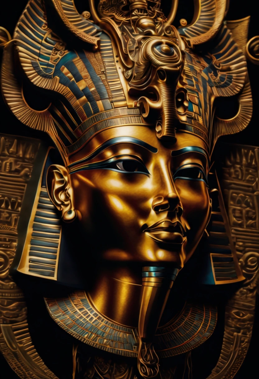a closeup of a golden mask on a black background, egyptian, egyptianrista, Mask of egypt god, egyptian mask, rosto intrincado, tribal mask, Estilo egyptianrista, dmt ego da morte, egyptian, detailed symmetrical face, intrincado rosto detalhado, حورس ,سيت  o iPad, symmetical face, Enigmatic!!, intricate mask, dmt deus