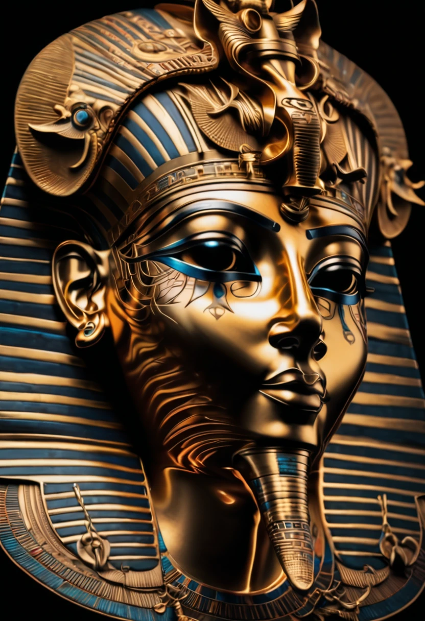 a closeup of a golden mask on a black background, Afrofuturismo, Afrofuturista, Mask of african god, african mask, rosto intrincado, tribal mask, Estilo Afrofuturista, dmt ego da morte, africano, detailed symmetrical face, intrincado rosto detalhado, Obunga, Assumiu o iPad, symmetical face, Enigmatic!!, intricate mask, dmt deus