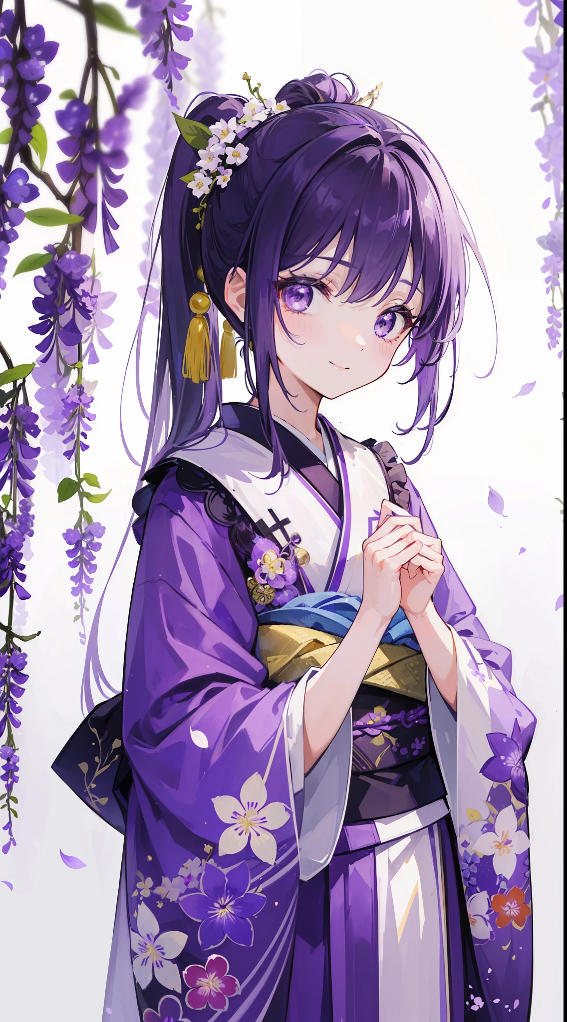(32k), (hight quality), (high-level image quality), (smile), (hight quality wisteria flowers background), (32k background), (wisteria trellis),
(purple short ponytail), (purple eyes), (18 years old), (illustration), (purple light particles), (purple kimono), (purple Japanese clothes),
