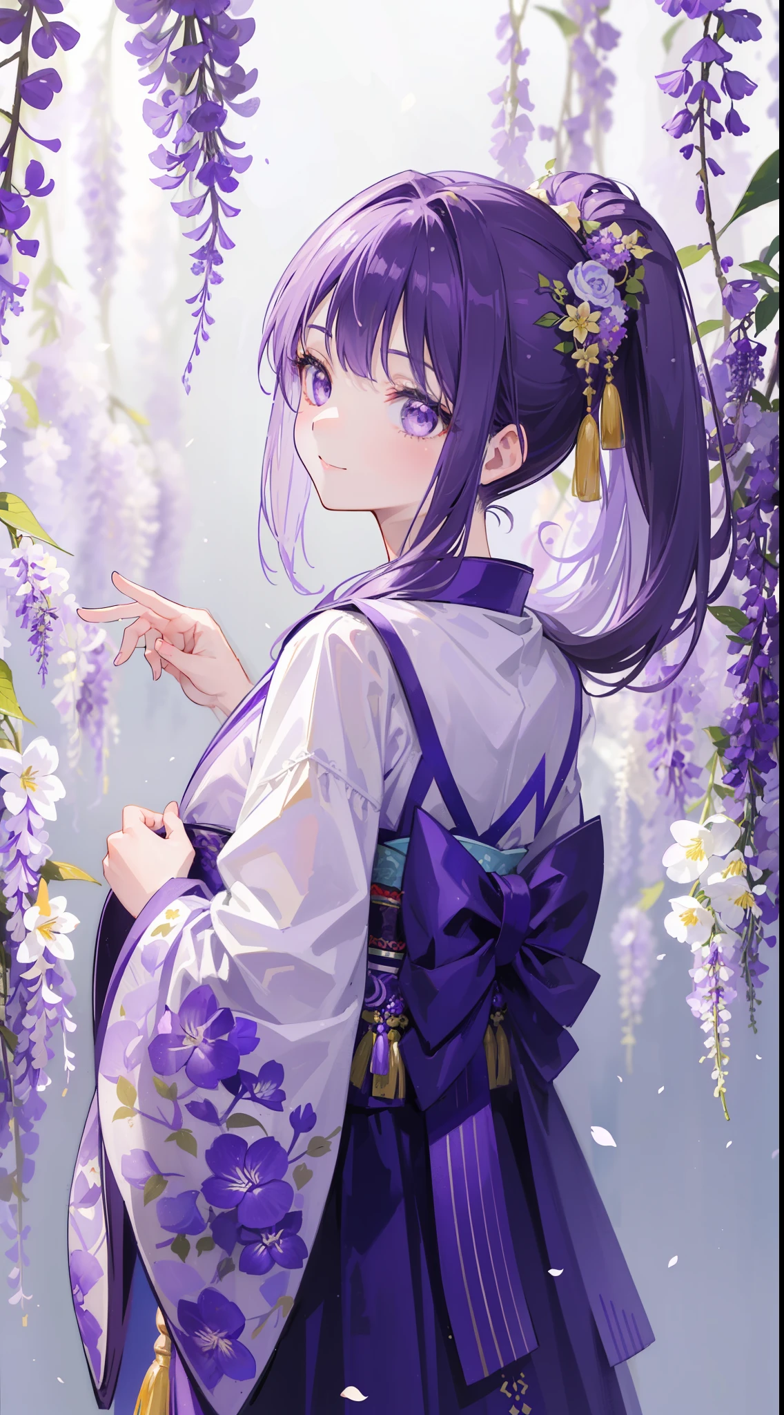 (32k), (hight quality), (high-level image quality), (smile), (hight quality wisteria flowers background), (32k background), (wisteria trellis), 
(purple short ponytail), (purple eyes), (18 years old), (illustration), (purple light particles), (purple kimono), (purple Japanese clothes),