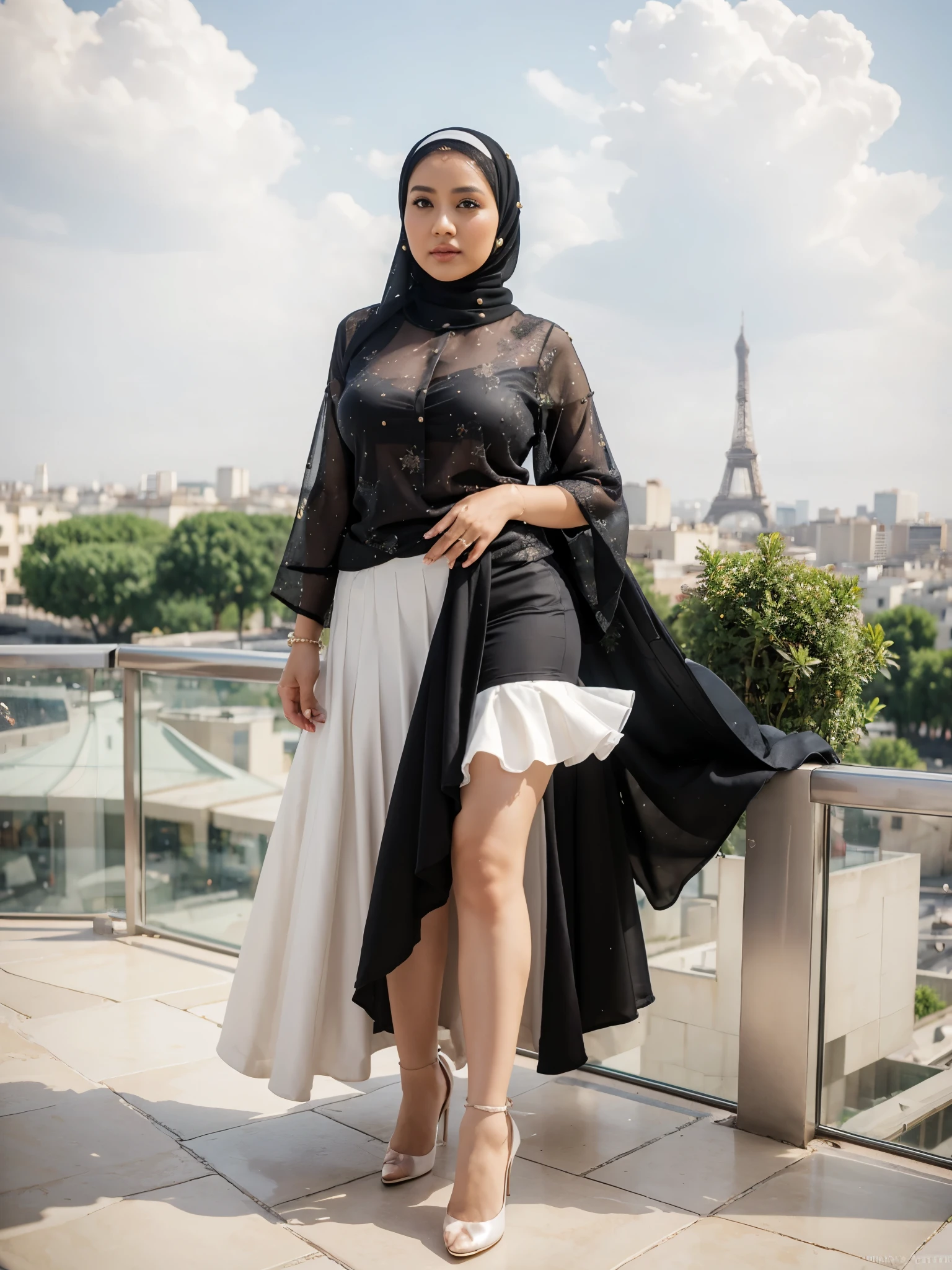 (masterpiece), best quality, malaysian woman,((35 years)), curvaceous, wearing hijab, Masterpiece: 1.3, wearing pearl hijab, long skirt, white stockings, heels, Masterpiece, Paris view background, bokeh,