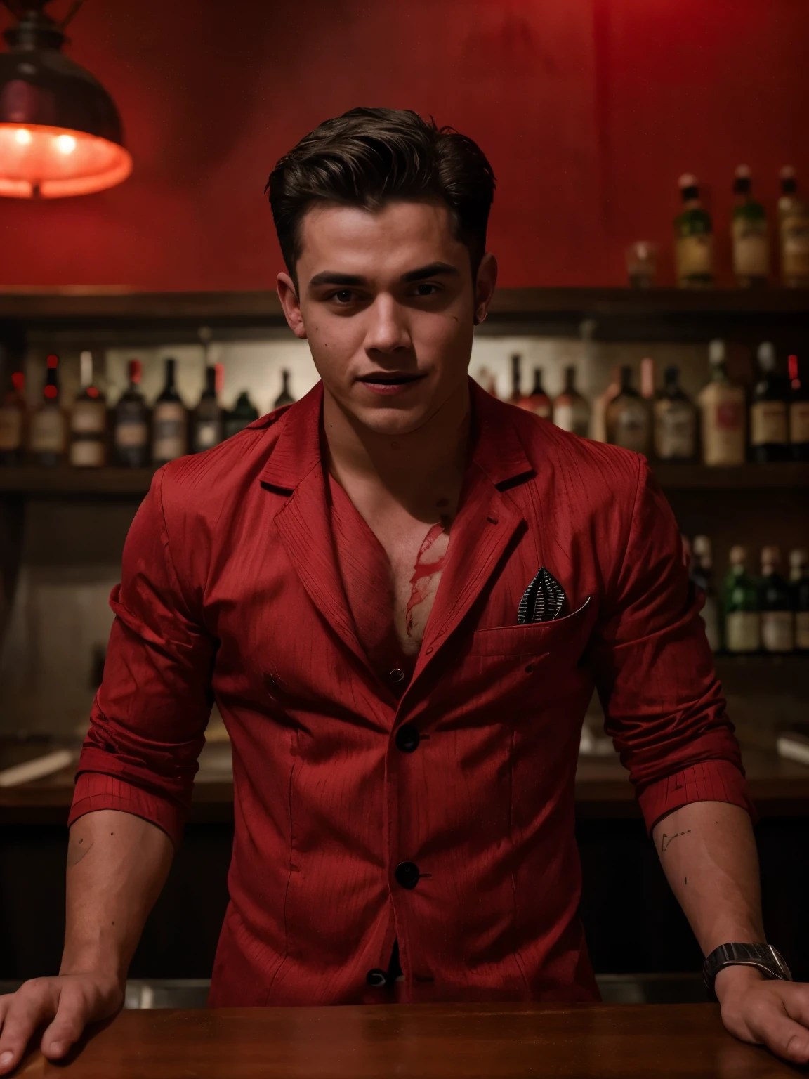 (foto crua:1.2), a badboy man wearing a red suit with a hellish business look being a bartender at a hell themed bar, barba, um olhar pretencioso, sorriso sadico, tiro sincero, melhor qualidade, 8k, Ultra HD, fotorrealista