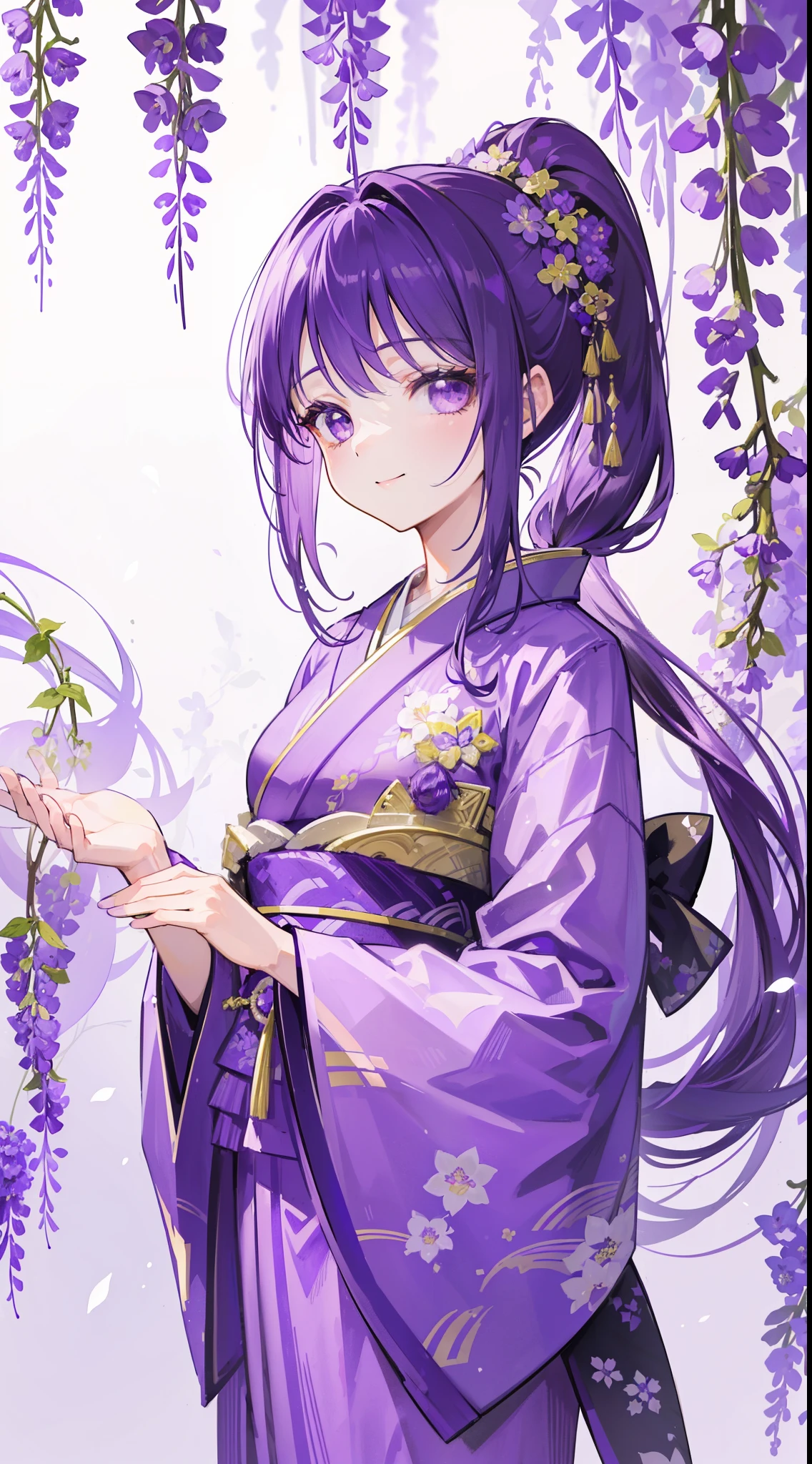 (32k), (hight quality), (high-level image quality), (smile), (hight quality wisteria flowers background), (32k background), (wisteria trellis), 
(purple short ponytail), (purple eyes), (18 years old), (illustration), (purple light particles), (purple kimono), (purple Japanese clothes),