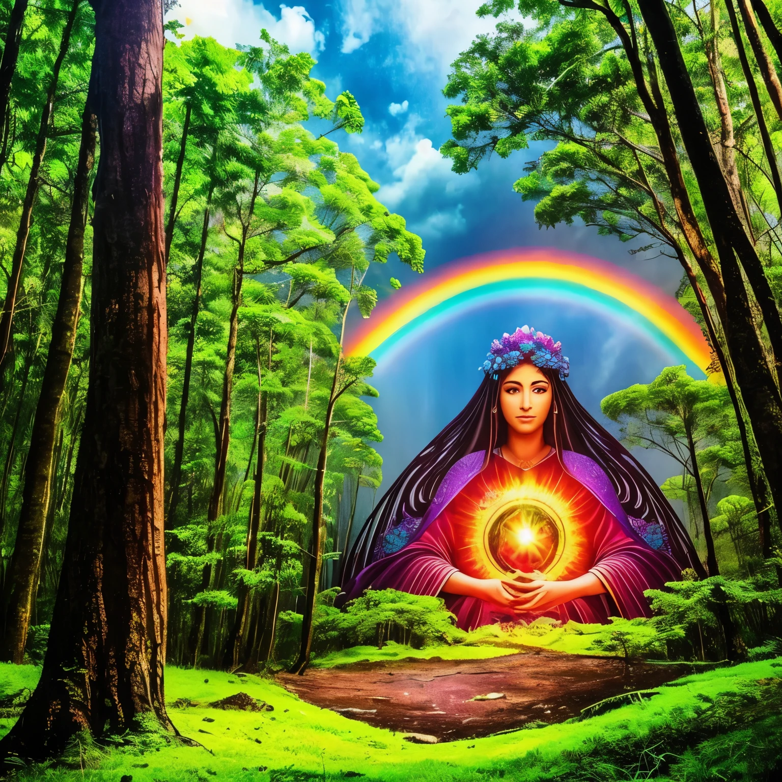 Arte digital hd, uma mulher de pele verde perto da camera, mae terra, gaia mother in the middle of the forest. Ela esta gravida e de olhos fechados. There are trees and birds in the background. Colorful sky with rainbow in the background. Ha folhas caindo das arvores.