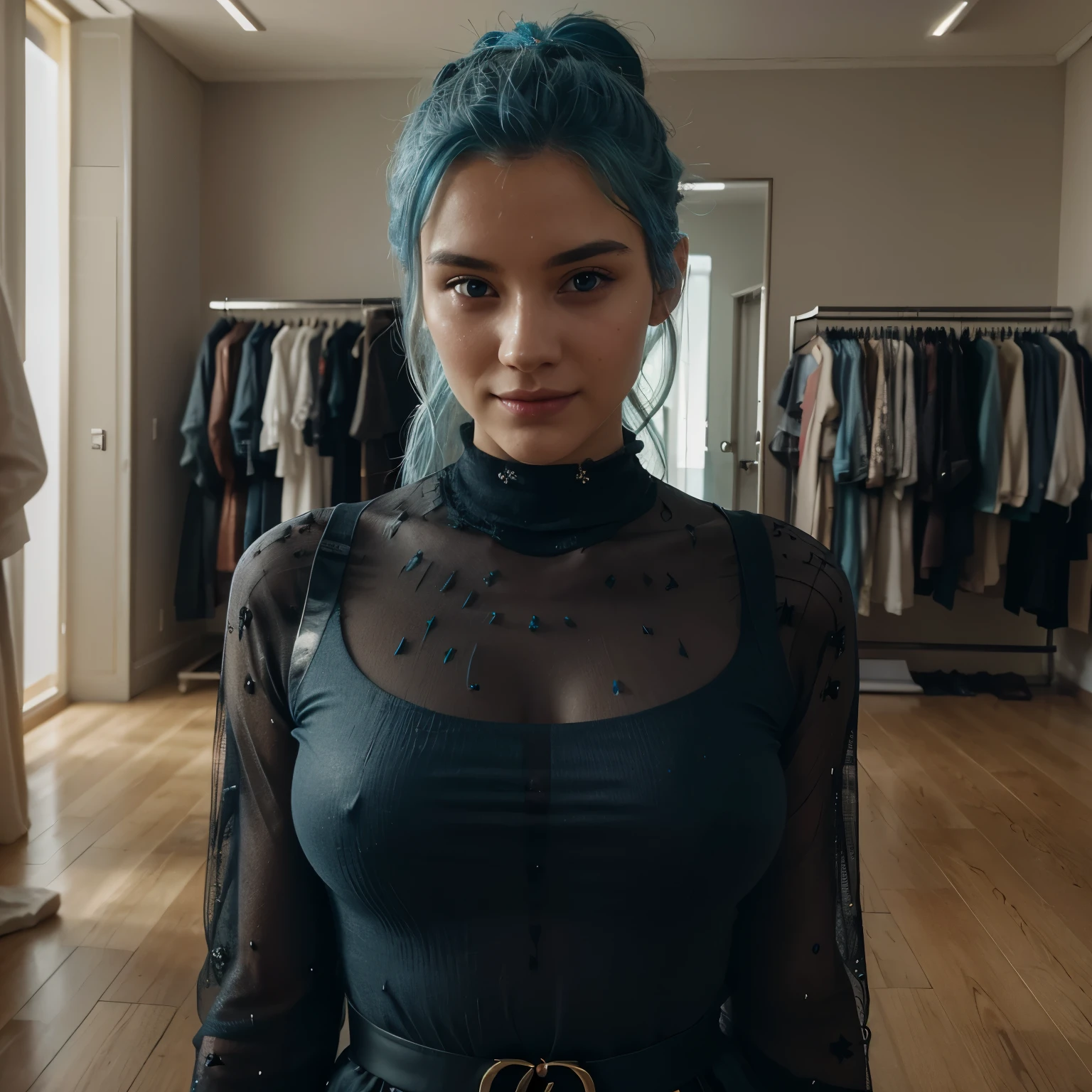 23 year old beautiful woman, happy smile, light blue hair, messy hair in bun, shopping for clothes in a shop, inside Gucci shop, black outfit, hyper realistic, highest quality, ultra realistic, extremely detailed, hd, HDR, hyper detailed, professional photoshoot, cinematic, ultra detailed, beautiful body, visually rich, concept art, luminous, intricate details, subtle colors, extremely detailed, ultra sharp focus, light particles, attention to detail, grandeur and awe, stunning visual masterpiece, double exposure, 32k, photorealistic, strong outlines, cinematographic scene, highest quality