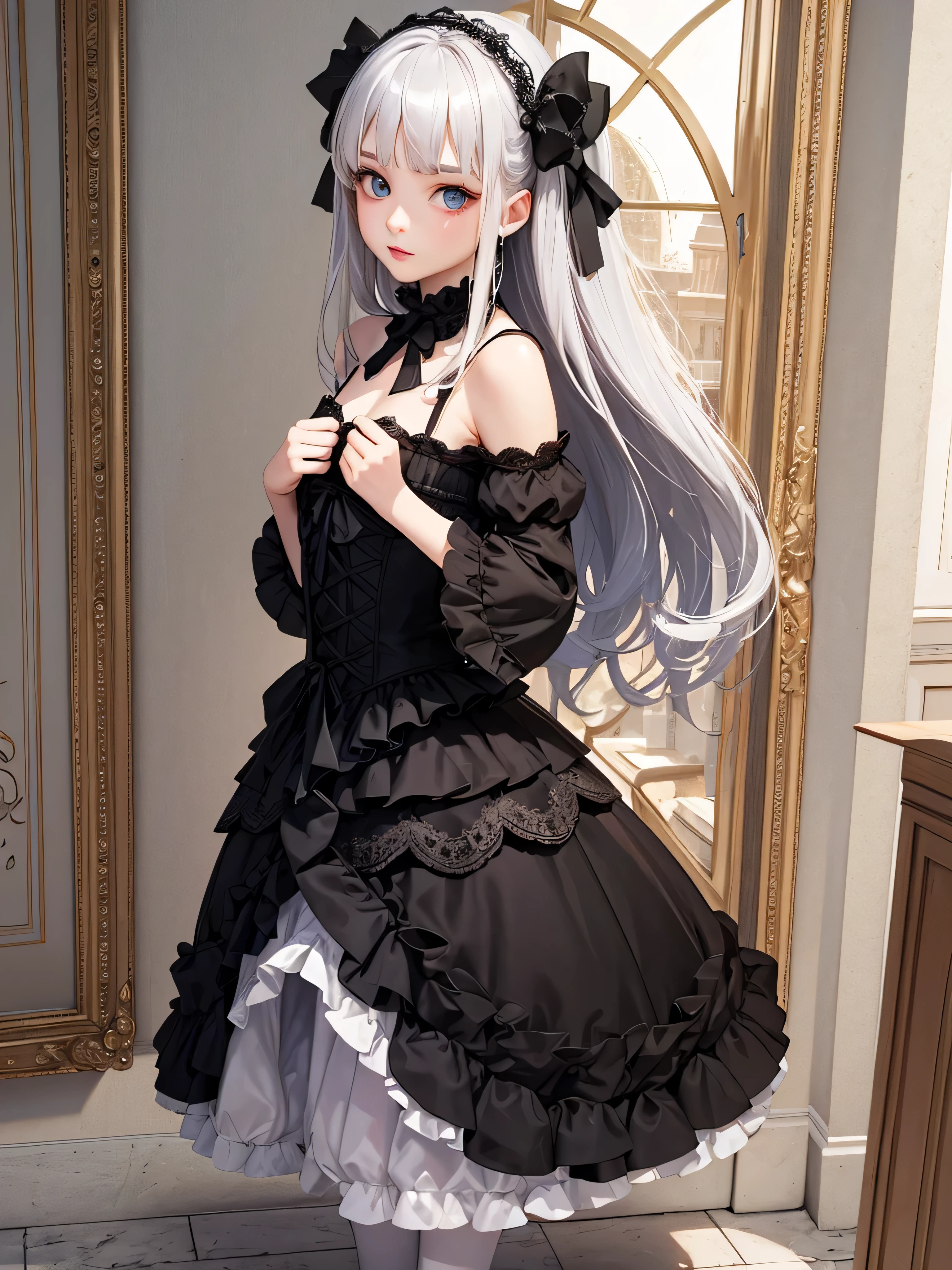 highest quality,In 8K,High resolution,((masterpiece:1.2)),(Photoreal:1.4), (masterpiece, side light, exquisite beautiful eyes: 1.2), masterpieceportrait, realistic, 3d face, shining eyes, shiny hair, Glossy skin,alone,full body portrait,Standing position,Very beautiful and cute 16 year old girl,attractive oval face,double eyelid,deep blue eyes,rosy lips,small nose,bright silver hair,straight long hair,slender body,small breasts,black gothic ta style dress(Lots of luxurious frills and delicate lace),panniers,white stockings