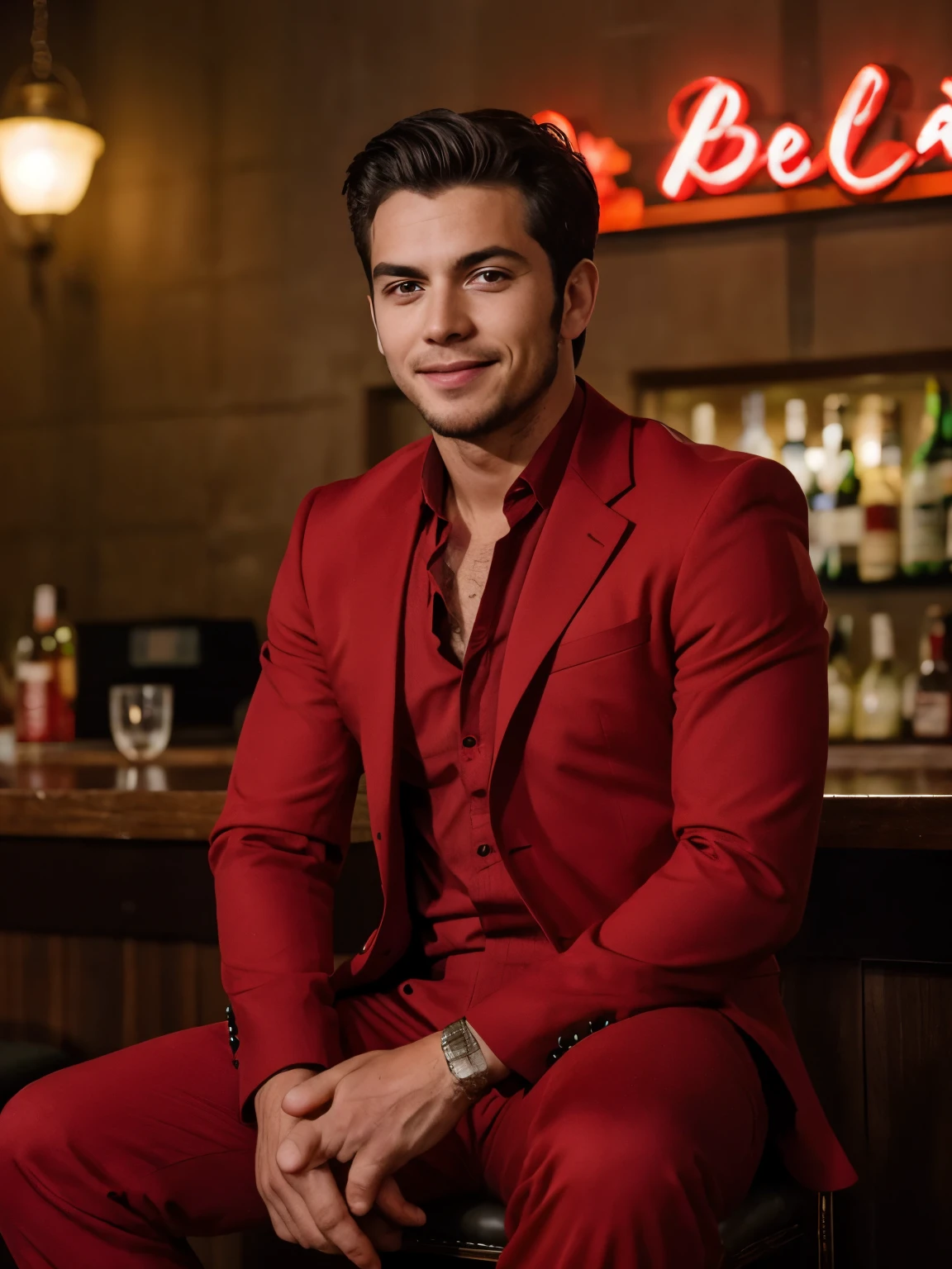 (foto crua:1.2) emphasizing the face, a bad man wearing a red suit with a hellish business look sitting in a hell themed bar, barba, um olhar pretencioso, sadistic smile, tiro sincero, melhor qualidade, 8k, Ultra HD, fotorrealista, com particulas de fogo, luzes vermelhas